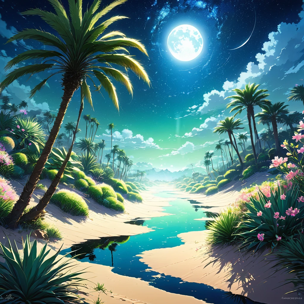desert, oasis, night, moon, moon明かり, star, star空, milky way, Silence, Tranquility, water, water面, reflection, Palm tree, silhouette, Shadow, Sand Dunes, Wind lines, green, blue, 群green色, black, white, silver, mystery的, Fantasy, beautiful, grow, Magnificent, Cold air, Warm air, Temperature difference, mirage, animal, Fox, Scorpion, Snake, bird, owl, Bat, plant, Cactus, flower, bloom, vitality, contrast, dramatic, Shadow絵, mystery, Romance, expedition, adventure, Lonely, Silenceの世界, time, forever, Take a deep breath, Healing, peace, desertの宝石, Hidden Paradise,beautiful Anime Scenery, Landscape painting, beautifulデジタル絵画, Andreas Rocha, beautifulアートワークのイラスト, Awesome Wallpapers, Raymond Han, 背の高いbeautiful絵画, Studio Greeble Makoto Shinkai, beautiful壁紙, Anime Scenery
