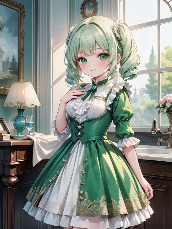 masterpiece, highest quality, Very detailed, 16k, Ultra-high resolution, Cowboy Shot, Detailed face, Perfect Fingers, 7--old l, smile, Super big boobs, Green Eyes, Silver Hair, Drill Hair, Twin Drill:1.5, victorian dress, Red dress:1.3, Fantasy Background