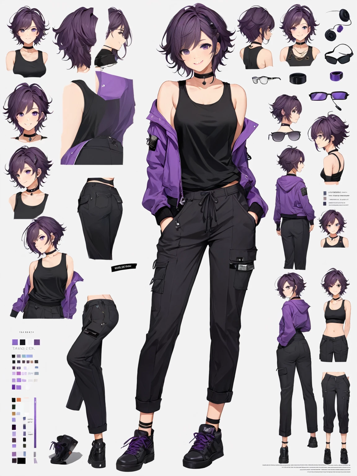 High-resolution digital art, Masterpiece, Highest quality, full body, Full of details, character sheet, tomboy, mature, sexy, smart, hair color black, hairstyle short, eyes pupil purple, short purple jacket, black tank top, black chokers, black headphone, black long pants, black shoes, Happy face (simple background, white background)