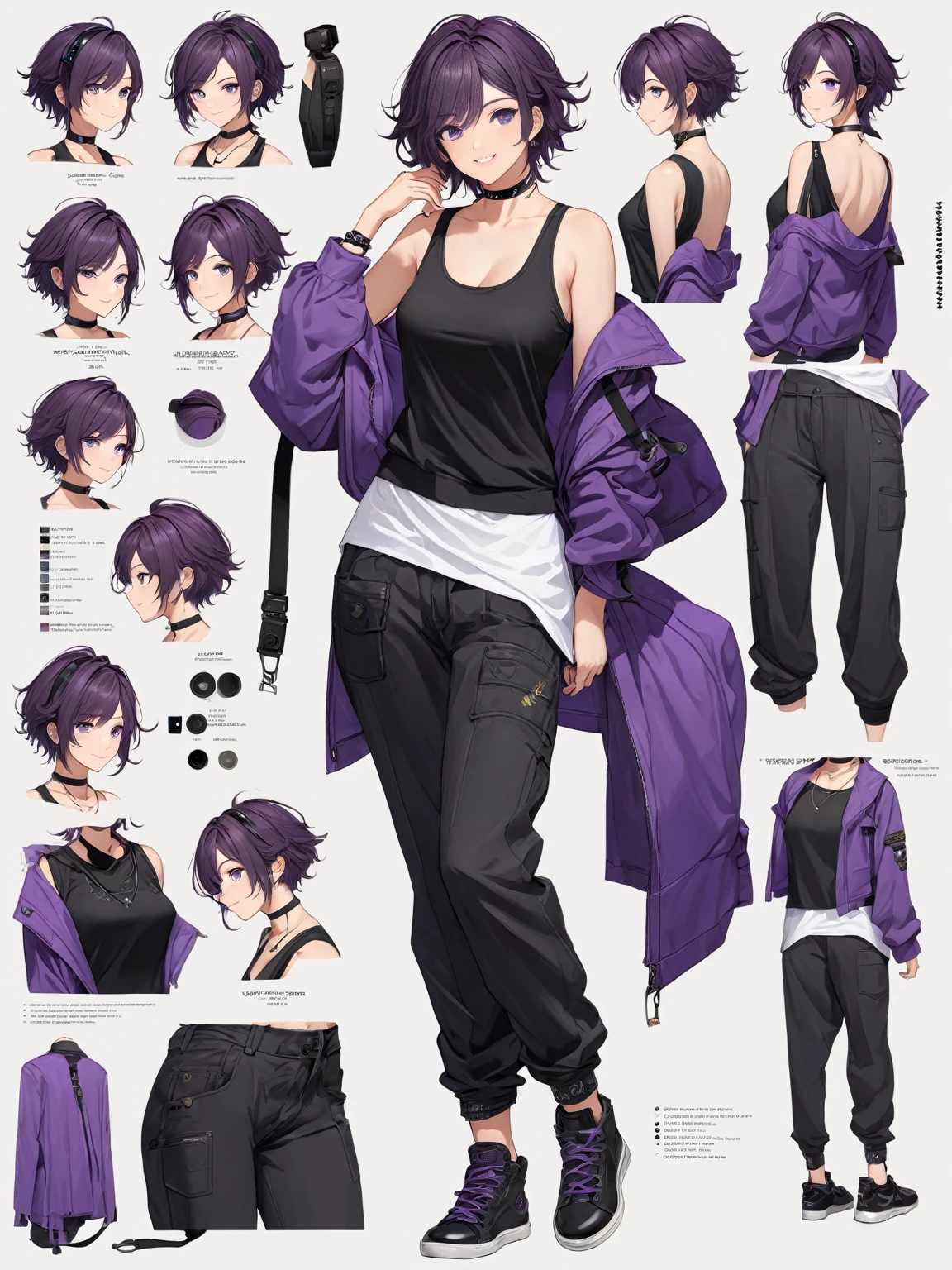 High-resolution digital art, Masterpiece, Highest quality, full body, Full of details, character sheet, tomboy, mature, sexy, smart, hair color black, hairstyle short, eyes pupil purple, short purple jacket, black tank top, black chokers, black headphone, black long pants, black shoes, Happy face (simple background, white background)