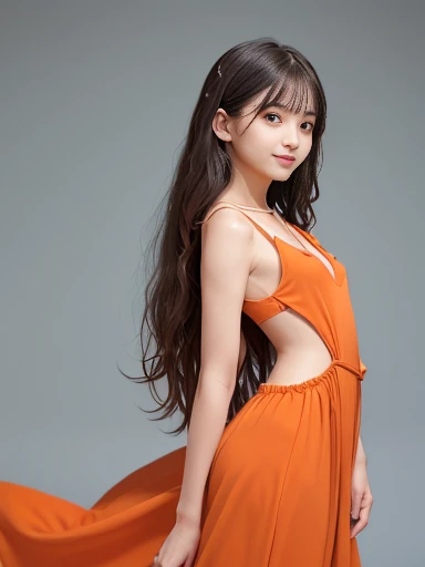a lot of details, (underweight), 30 years old, detailed black hair, beautiful detailed hair, super fucking beautiful, delicate beautiful face, complex details beautiful and delicate eyes, perfect hands, (flat chest best quality:1.5), perfect and delicate limbs, detailed skin, best quality, ultra-detailed,(cheerful grin:1.3),
long-focus, from behind, holding, long wavy curly hair, beautiful long dress, orange Clothes, floating palaces,