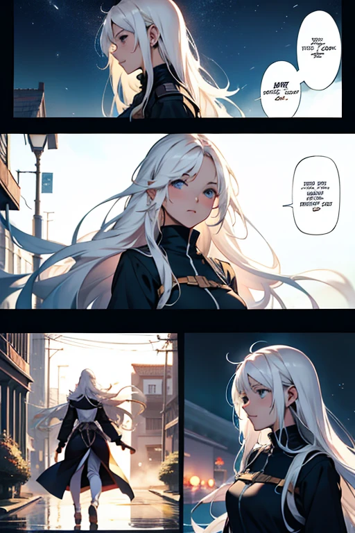 Girl with long white hair falling in love, manga page with panels and dialogue 