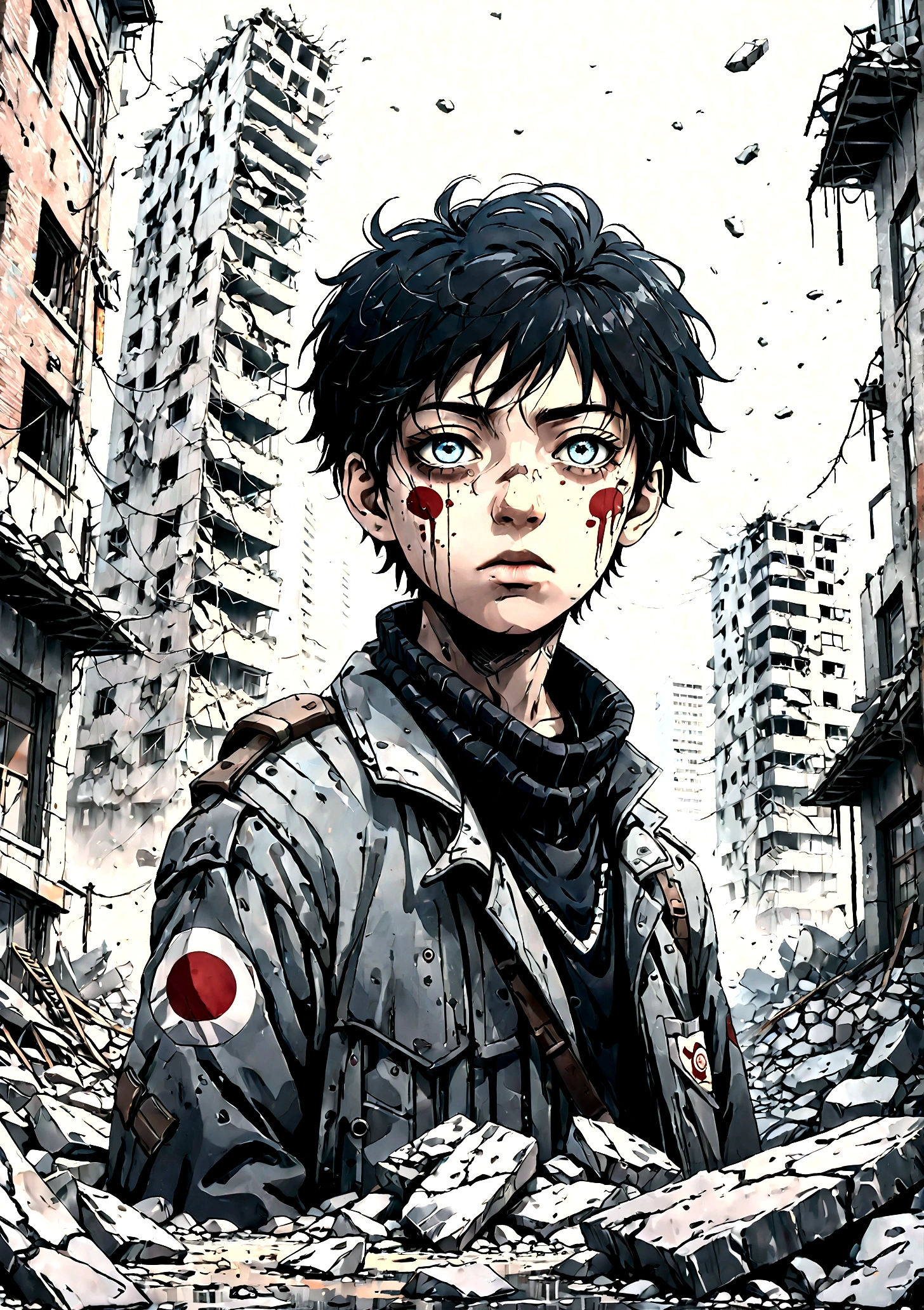 A boy in a collapsing Japanese city, floating rubble, beautiful detailed eyes, beautiful detailed lips, extremely detailed eyes and face, long eyelashes, , abandoned cityscape, post-apocalyptic, highly detailed, 4k, 8k, photorealistic, cinematic lighting, dramatic colors, muted tones, gritty, dystopian, science fiction, concept art