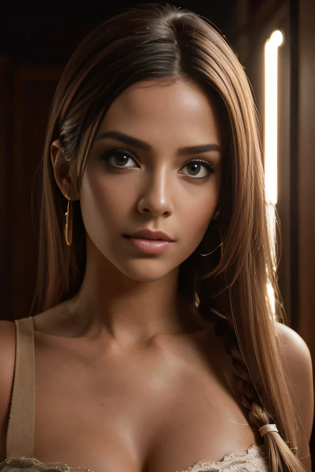 melhor qualidade, Obra de arte, ultra high resolution, (Fotorrealista: 1.4), foto sexy, 1 com cabelo loiro cacheado, boca sexy, Peitos grandes, look aberto com decote, fora do ombro, cinematic lighting