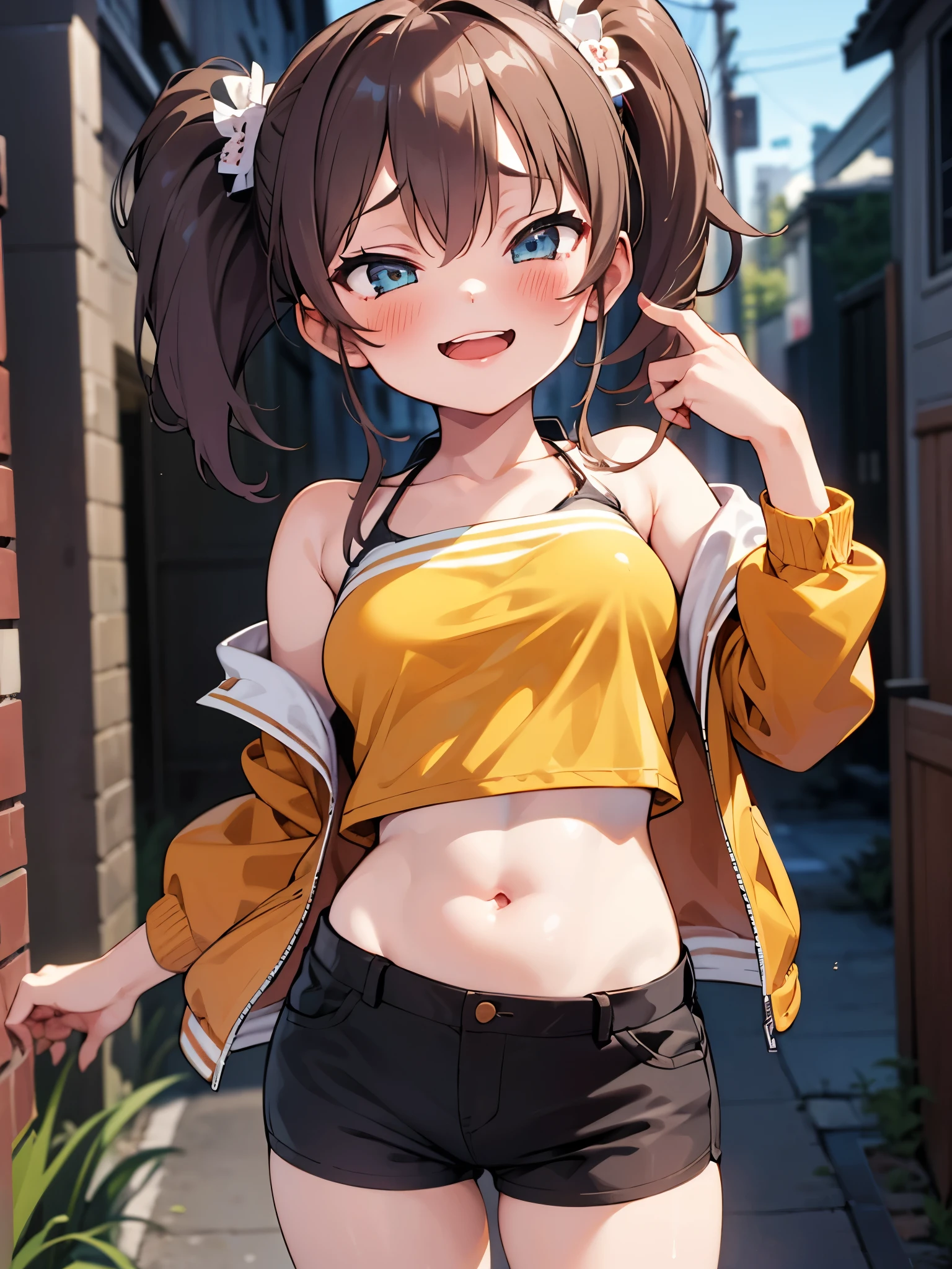 NSFW,(One girl:1.5),natsuiro matsuri,One Side Ponytail,Crop top,Jacket,Shorts,(Perfect hands),(Perfect Anatomy),(masterpiece),(highest quality),Sexually aroused face,blush,Nightlife,Narrow back alley