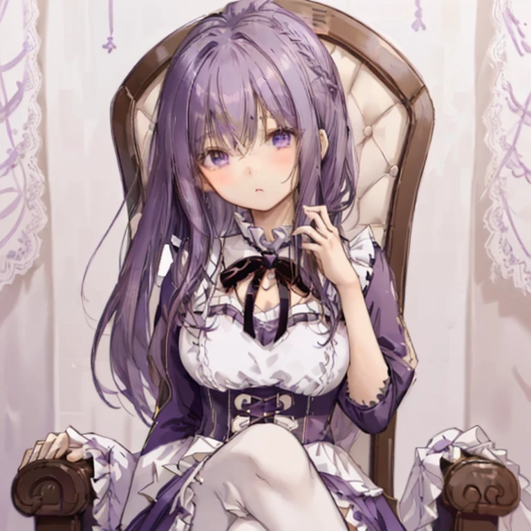 1 girl、Mature、Ample breasts、Purple Hair、Long Hair、Sharp Eyes、ponytail、Curly Hair、Vertical Roll、Lolita Costume、Open-chested clothing、Ruffled Costume、lace fabric gloves、Ribbon on head、Ribbon on chest、Sit in a plush chair、Put your hand over your mouth、Butterflies fluttering、High resolution、highest quality、
