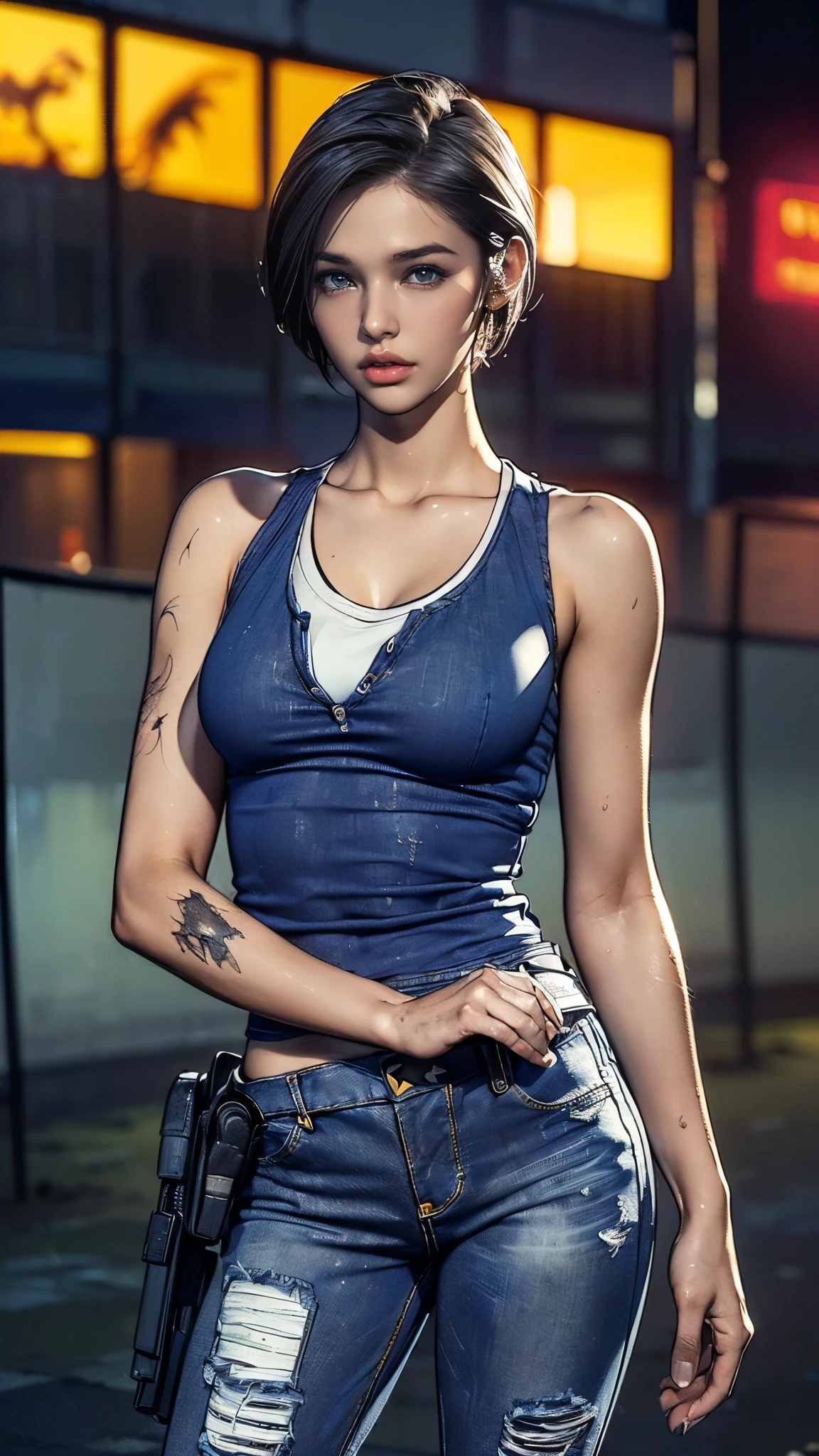 (One Woman),(whole body:1.5),(front:1.5),(((Jill Valentine is standing:1,5))),((Blue tank top:1.5)),((Dirty jeans:1.5)),((black tactical holster:1.2)),((White sneakers:1.5)),BREAK((anger:1.5)),(short hair:1.5),(Dirty Face:1.5),(Beautiful Eyes:1.3),(Very detailedな顔:1.5),((Very detailedな女性の手の描画:1.5)),((Muscular:1.5)),((Sexy Looks:1.5)),(Beautiful body:1.5),(Very sensual:1.5),BREAK(The background is an American-style night city:1.5),((biohazard style:1.5)),(((Blur the background:1.5))),(Written boundary depth:1.5),BREAK(((masterpiece:1.5),(highest quality:1.5),(Very detailed:1.5),(High resolution:1.5),(Realistic:1.5),(Photorealistic:1.5),(Delicate depiction),(Careful depiction))),8k,wallpaper