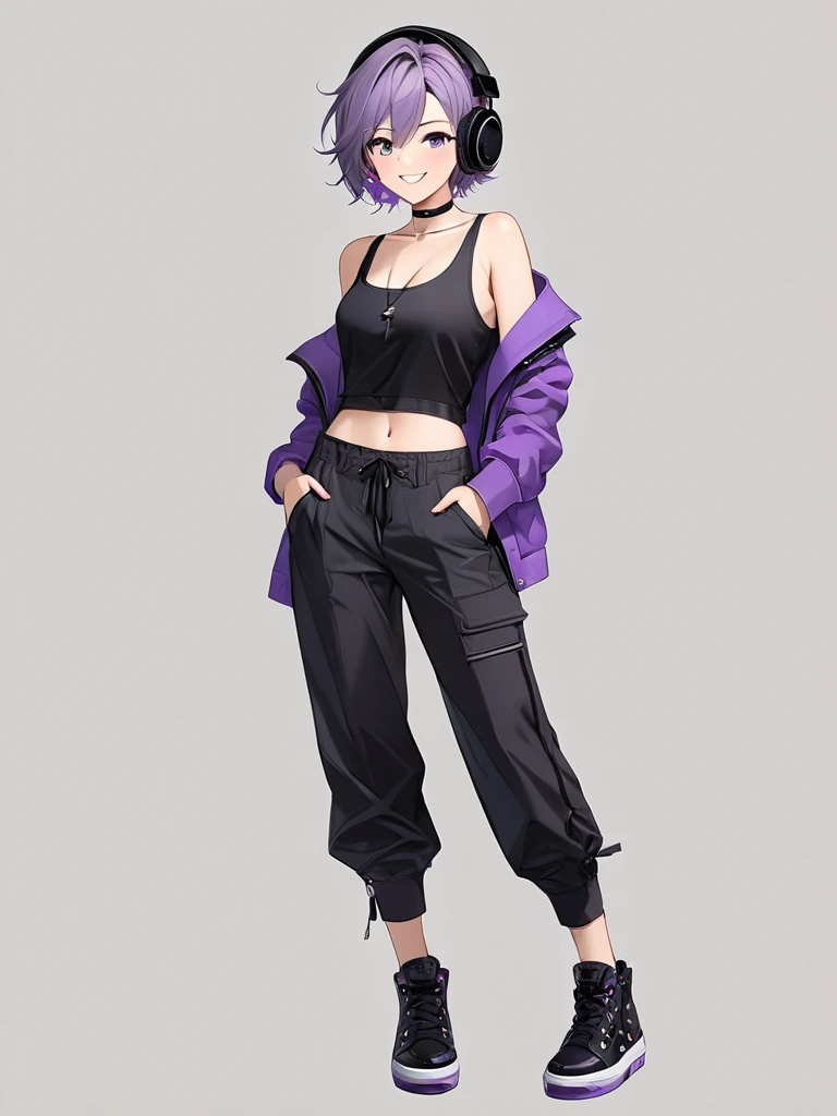 High-resolution digital art, Masterpiece, Highest quality, full body, Full of details, tomboy, mature, sexy, smart, hair color black, hairstyle short, eyes pupil purple, short purple jacket, black tank top, black chokers, black headphone, black long pants, black shoes, Happy face (simple background, white background)