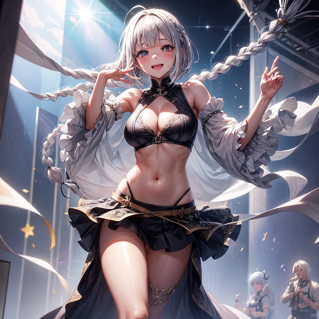 A woman with braided silver hair and a short bob sings、Embarrassed look、Big smile、Idol、Short skirt、Belly button、（Messy light）、（Best Highlights）、（Best Shadow）、（Highest detail）、（Highest quality 8K）、（Tabletop）