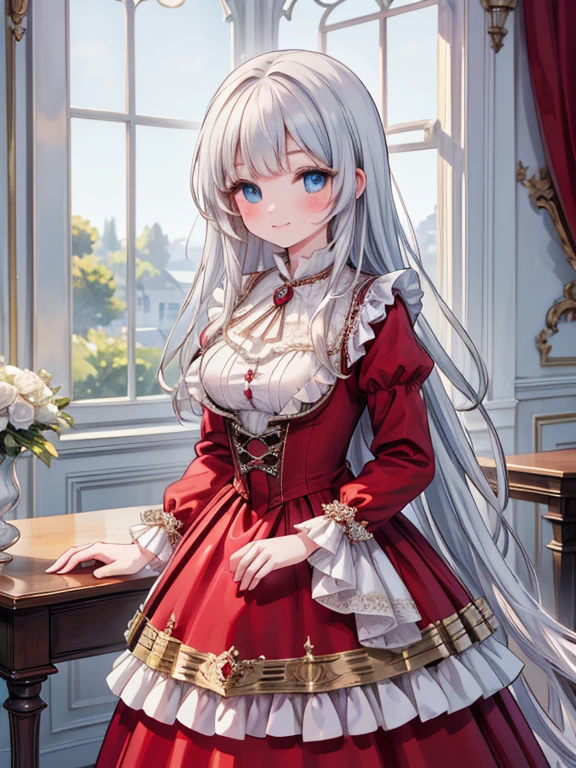 masterpiece, highest quality, Very detailed, 16k, Ultra-high resolution, Cowboy Shot, Detailed face, Perfect Fingers, 7--old l, smile, Super big boobs, blue eyes, Silver Hair, Very Long Hair, Wave,  victorian dress, (Red dress:1.5), Fantasy Background