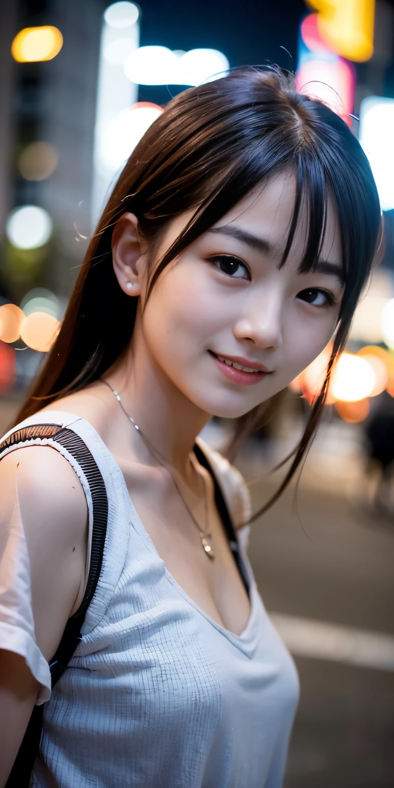 1 Girl, Tokyo Street,night, Streetscape,City lights,Upper Body,close,smile,, (8K, Raw photo, highest quality, masterpiece:1.2),(Realistic, photo-Realistic:1.37),