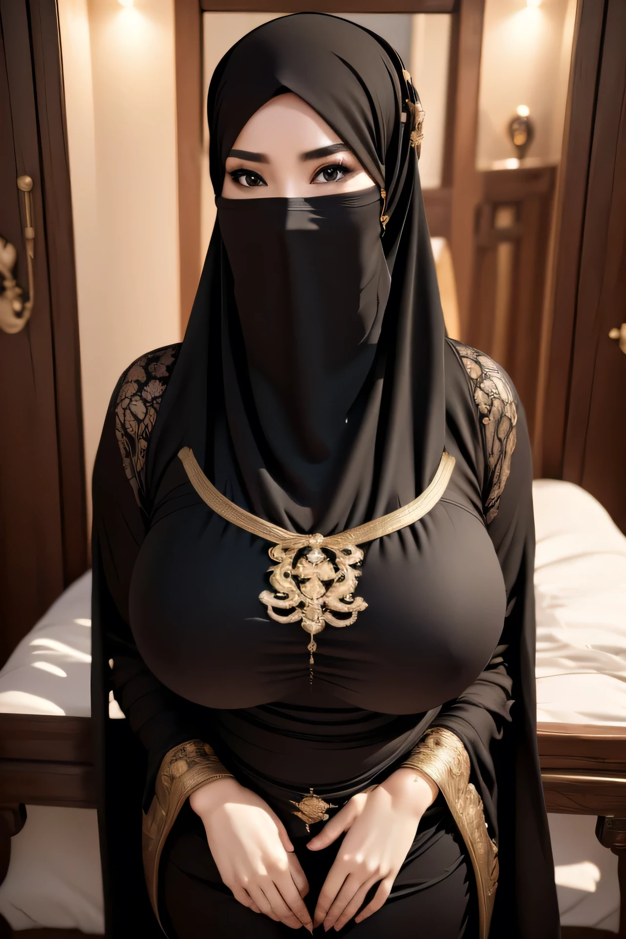 4k, high quality, nice lighting, soft lighting, realistic, dark eyes, sexy, big breasts, thick thighs, wide hips, aranic dress, leg slit, muscular, toned, long flowing chinese dress, ornate, jewelry, sexy lady, thicc, thick lady, thick hips, asian, hijab, niqab, sexy pose, showing thighs