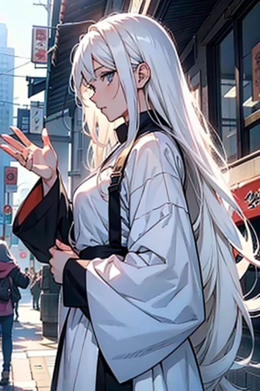 Girl with long white hair waving to get someons attention, manga page with panels and dialogue 