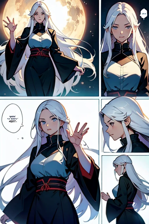 Girl with long white hair waving to get someons attention, manga page with panels and dialogue 