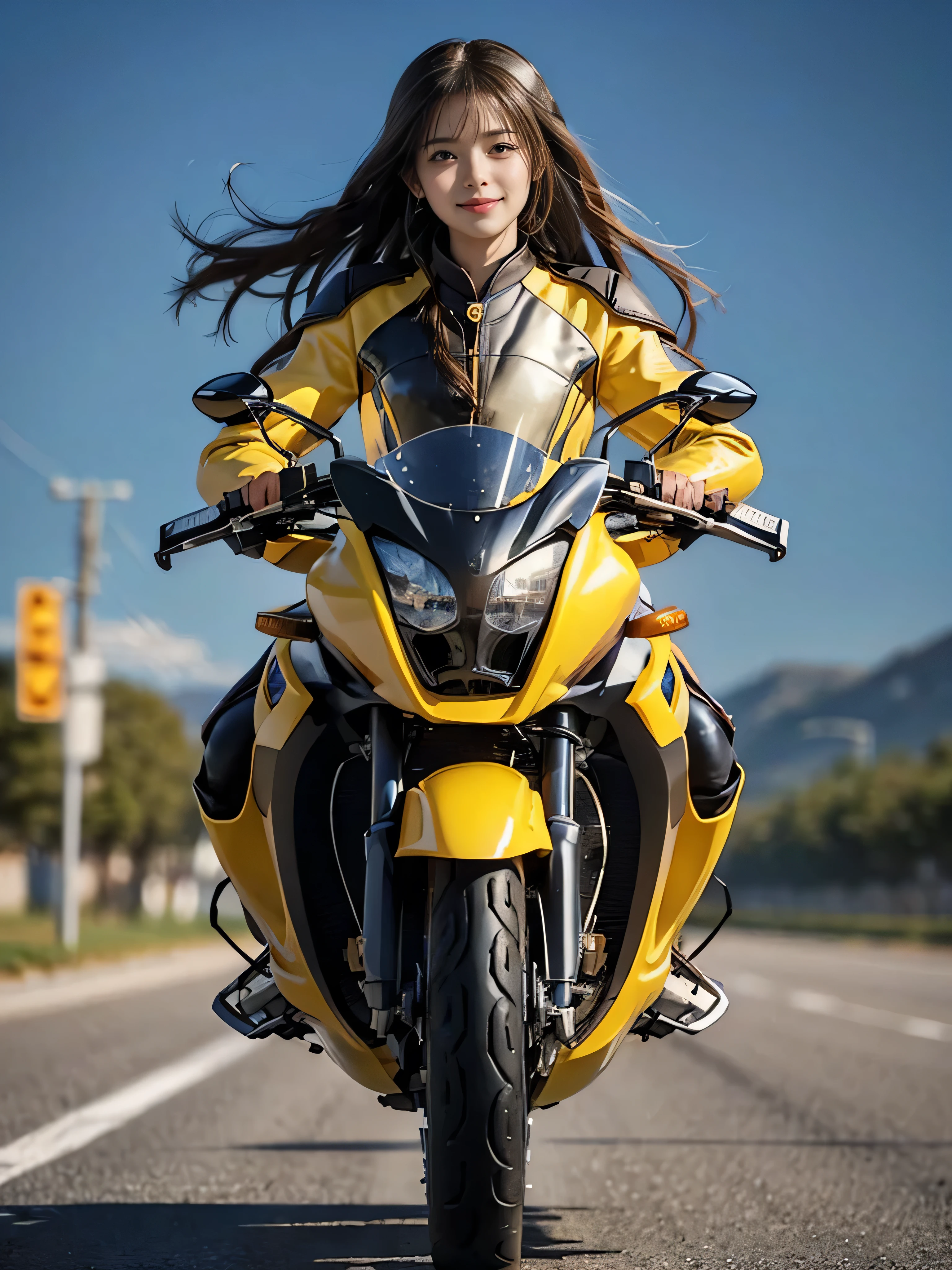 (Realistic:1.5), (Realistic:1.4), 8k, Ultra-high-definition beauty 1 person, , Japanese, Intricate body details, (highest quality: 1.0), (Super sharpness: 1.0), (Thin Hair:1.4),(Beautiful and delicate depiction of eyes),((((Riding on motorcycle)))),Unreal Engine:1.4,photoRealistic:1.4, Skin Texture:1.4, masterpiece:1.8,highest quality at best, ((Full Body Shot))、(((yellow rider suit, Long leather pants and racing boots)))、Long limbs、smile、((Braided hair))