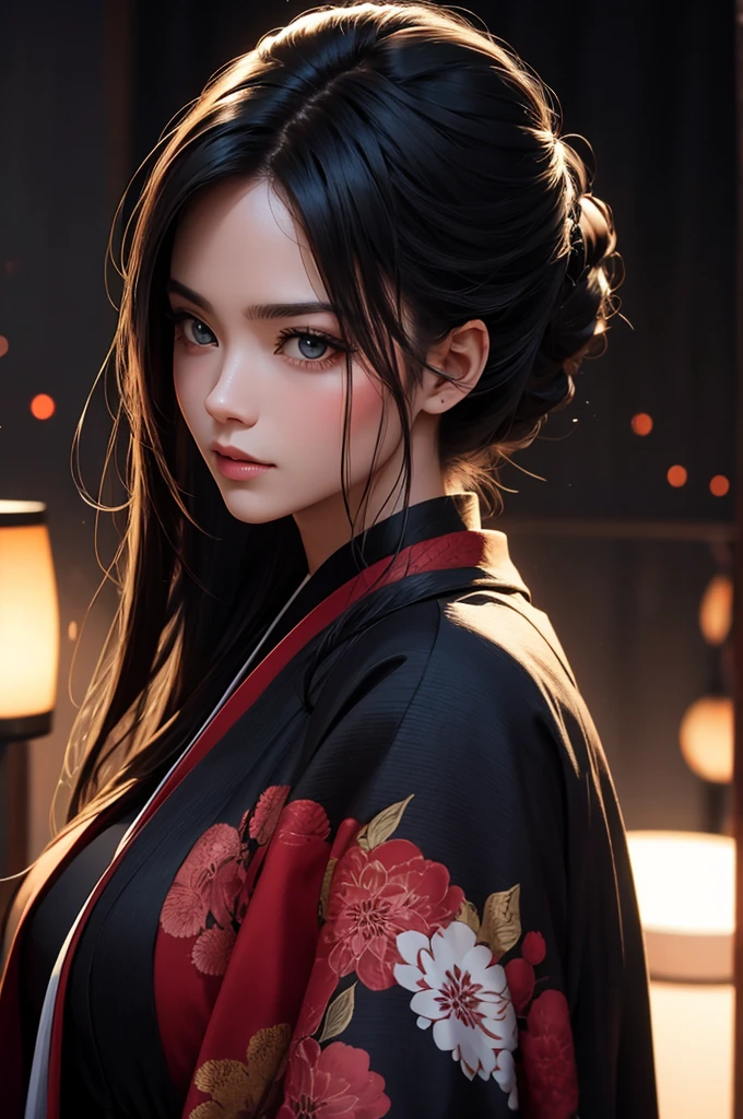 Mulher.cabelo preto.olhos castanhos.kimono.2 Katanas: