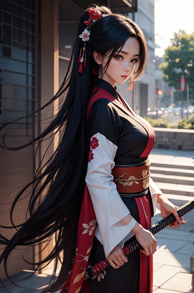 Mulher.cabelo preto.olhos castanhos.kimono.2 Katanas: