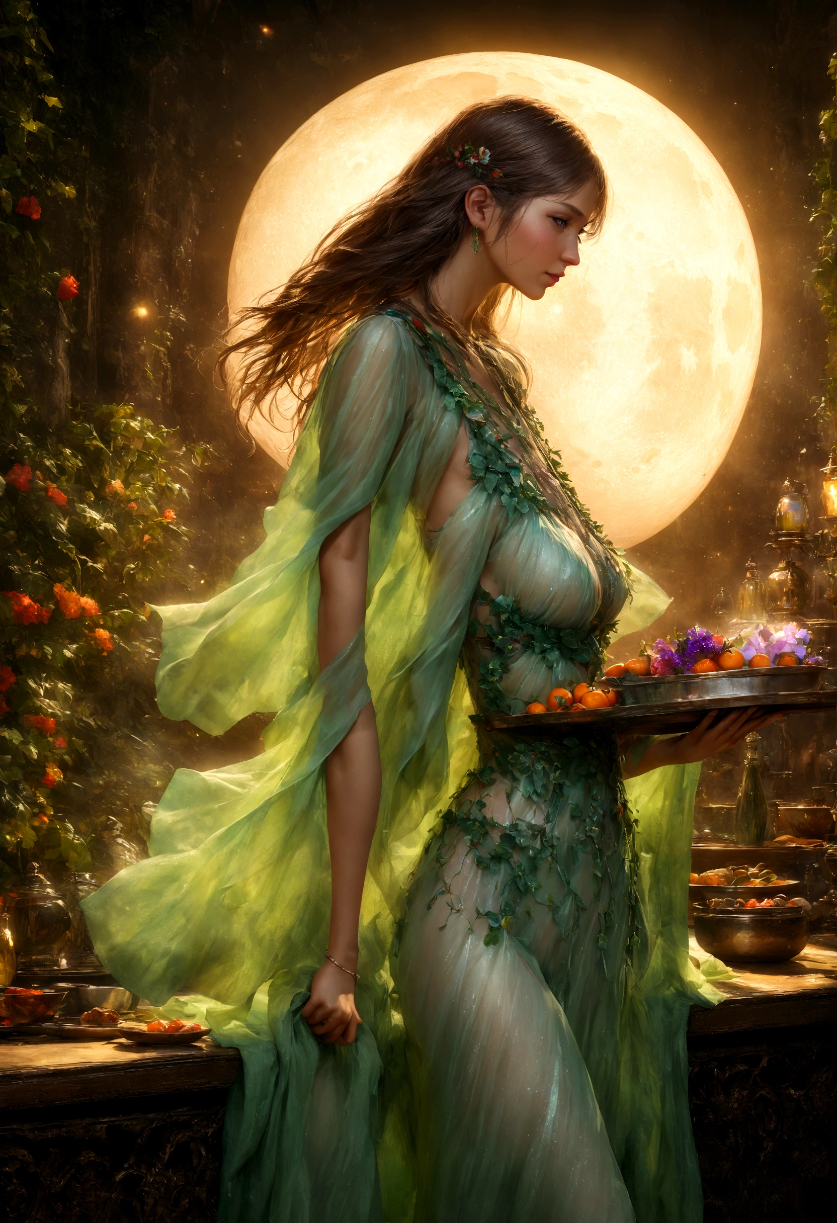 a high fantasy elven kitchen,ivy and flower trim work,a single small fruit on a carving tray,a lovely elven woman in a sexy translucent moon silk dress,best quality,4k,8k,highres,masterpiece:1.2,ultra-detailed,realistic,photorealistic,photo-realistic:1.37,HDR,UHD,studio lighting,ultra-fine painting,sharp focus,physically-based rendering,extreme detail description,professional,vivid colors,bokeh,fantasy,magical,ethereal,glowing