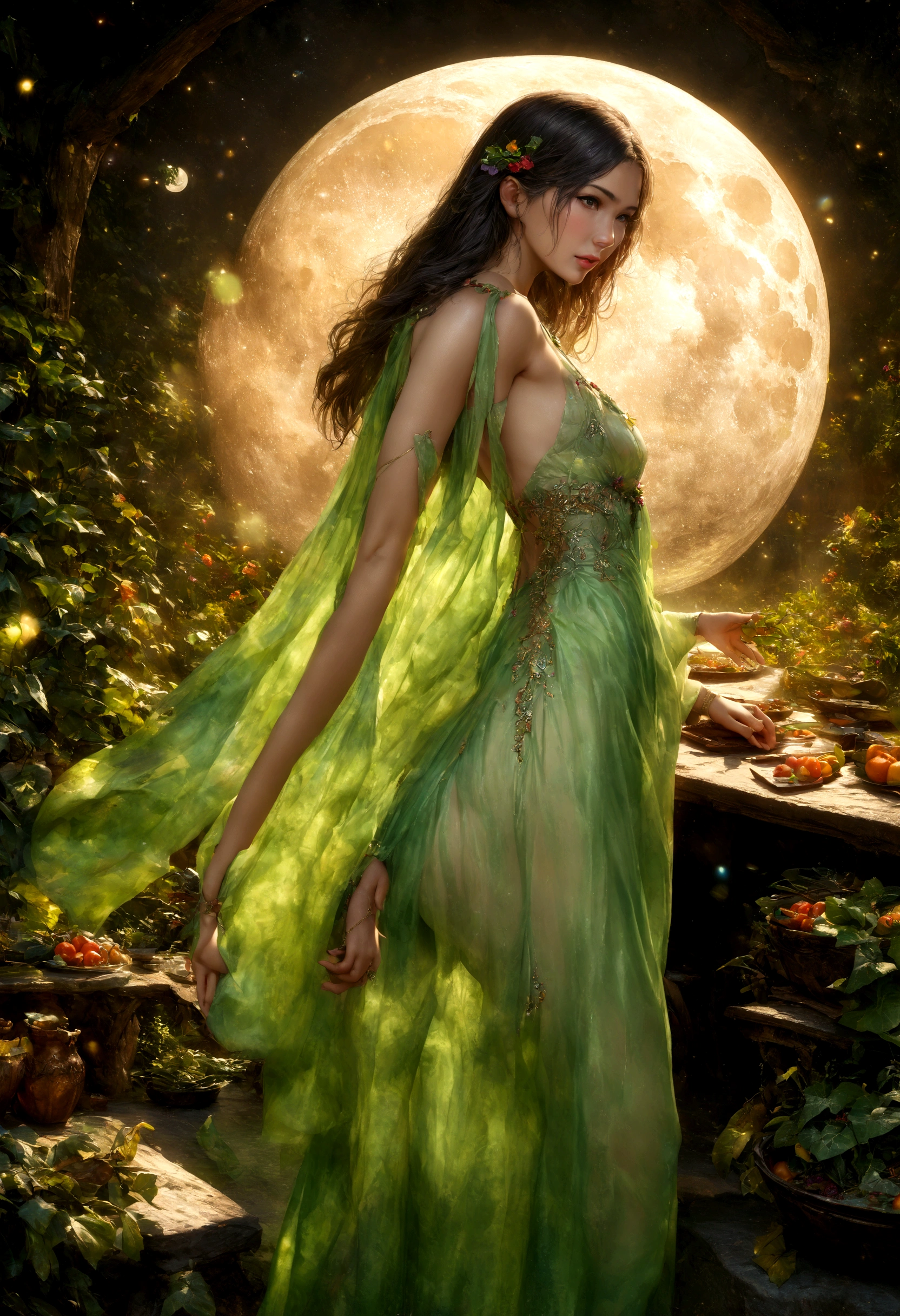 a high fantasy elven kitchen,ivy and flower trim work,a single small fruit on a carving tray,a lovely elven woman in a sexy translucent moon silk dress,best quality,4k,8k,highres,masterpiece:1.2,ultra-detailed,realistic,photorealistic,photo-realistic:1.37,HDR,UHD,studio lighting,ultra-fine painting,sharp focus,physically-based rendering,extreme detail description,professional,vivid colors,bokeh,fantasy,magical,ethereal,glowing