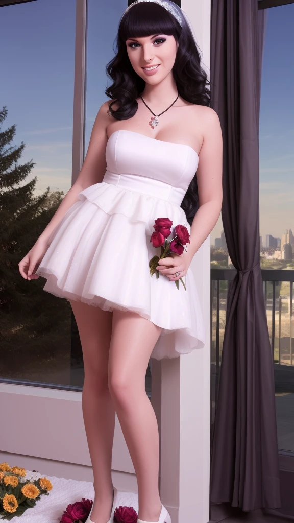 (day: 1.1), a city with many buildings and a sky background with clouds in the background and a blue sky: 1.1, architecture,
Standing at attention, on the roof,
deep neckline, collarbone, white apron, bare shoulders,
Black hair, brown eyes, bangs, voluminous hairstyle,
1 girl, 30 years old, Young woman, Beautiful finger, Beautiful long legs, Beautiful body, Beautiful nose, Beautiful character design, perfect eyes, perfect face, expressive eyes,
looking at the viewer, in the center of the image, (Upper_body), (close-up), (Focus on her face),
official art, extremely detailed CG unity 8k wallpaper, perfect lighting, bright colorful front lighting, glowing skin, dress, wedding dress, solo, veil, bouquet, jewelry, blush, pearl necklace, bridal veil, necklace, flower, gloves, looking at viewer, elbow gloves, smile, holding, white gloves, white dress, bare shoulders, strapless dress, strapless, holding bouquet, white flower, bride, petals, standing, white rose, closed mouth , side locks, white shoes, from above, full body
(masterpiece:1.0), (best_quality:1.0), ultra-high resolution, 4K, ultra-detailed,
photography, 8K, HDR, high resolution, absurd:1.2, Kodak portra 400, film grain, blurred background, bokeh:1.2, lens flare, (vibrant_color:1.2)
(Beautiful, big_breasts:1.4), (beautiful_face:1.5), (narrow_waist),transgendered