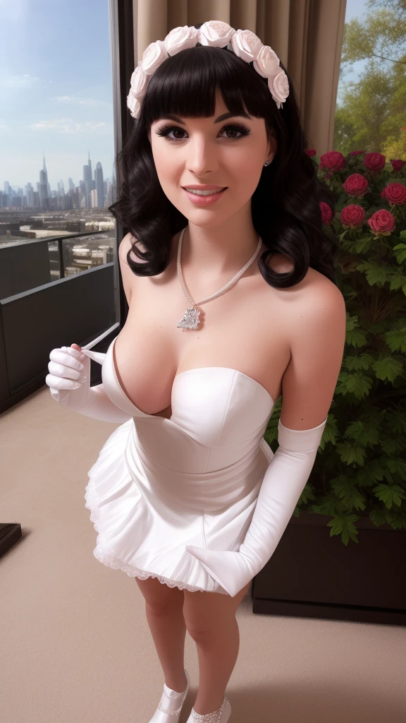 (day: 1.1), a city with many buildings and a sky background with clouds in the background and a blue sky: 1.1, architecture,
Standing at attention, on the roof,
deep neckline, collarbone, white apron, bare shoulders,
Black hair, brown eyes, bangs, voluminous hairstyle,
1 girl, 30 years old, Young woman, Beautiful finger, Beautiful long legs, Beautiful body, Beautiful nose, Beautiful character design, perfect eyes, perfect face, expressive eyes,
looking at the viewer, in the center of the image, (Upper_body), (close-up), (Focus on her face),
official art, extremely detailed CG unity 8k wallpaper, perfect lighting, bright colorful front lighting, glowing skin, dress, wedding dress, solo, veil, bouquet, jewelry, blush, pearl necklace, bridal veil, necklace, flower, gloves, looking at viewer, elbow gloves, smile, holding, white gloves, white dress, bare shoulders, strapless dress, strapless, holding bouquet, white flower, bride, petals, standing, white rose, closed mouth , side locks, white shoes, from above, full body
(masterpiece:1.0), (best_quality:1.0), ultra-high resolution, 4K, ultra-detailed,
photography, 8K, HDR, high resolution, absurd:1.2, Kodak portra 400, film grain, blurred background, bokeh:1.2, lens flare, (vibrant_color:1.2)
(Beautiful, big_breasts:1.4), (beautiful_face:1.5), (narrow_waist),transgendered