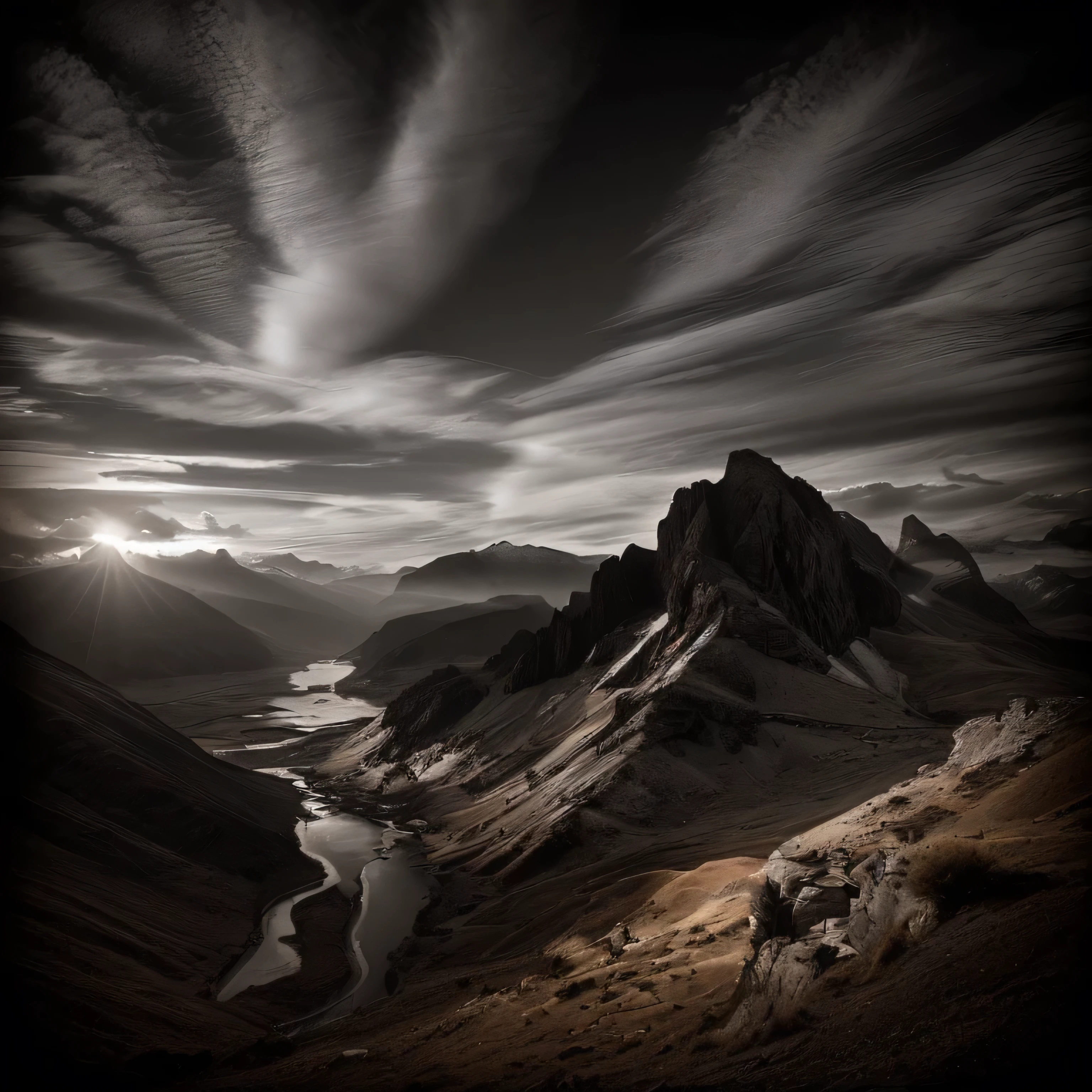 A black and white photo，There is a mountain in the photo，There is a river running through the mountain, ansel!!! Adams!!!. Wheels within wheels, Dramatic black and white, Nicolas Delort, ansel ], 4k greyscale hd photography, author：Cedric Peravene, wayne barlowe pierre pellegrini, Inspired by Ansel Adams, Max Reeve, Grayscale photography, Sebastiao Salgado