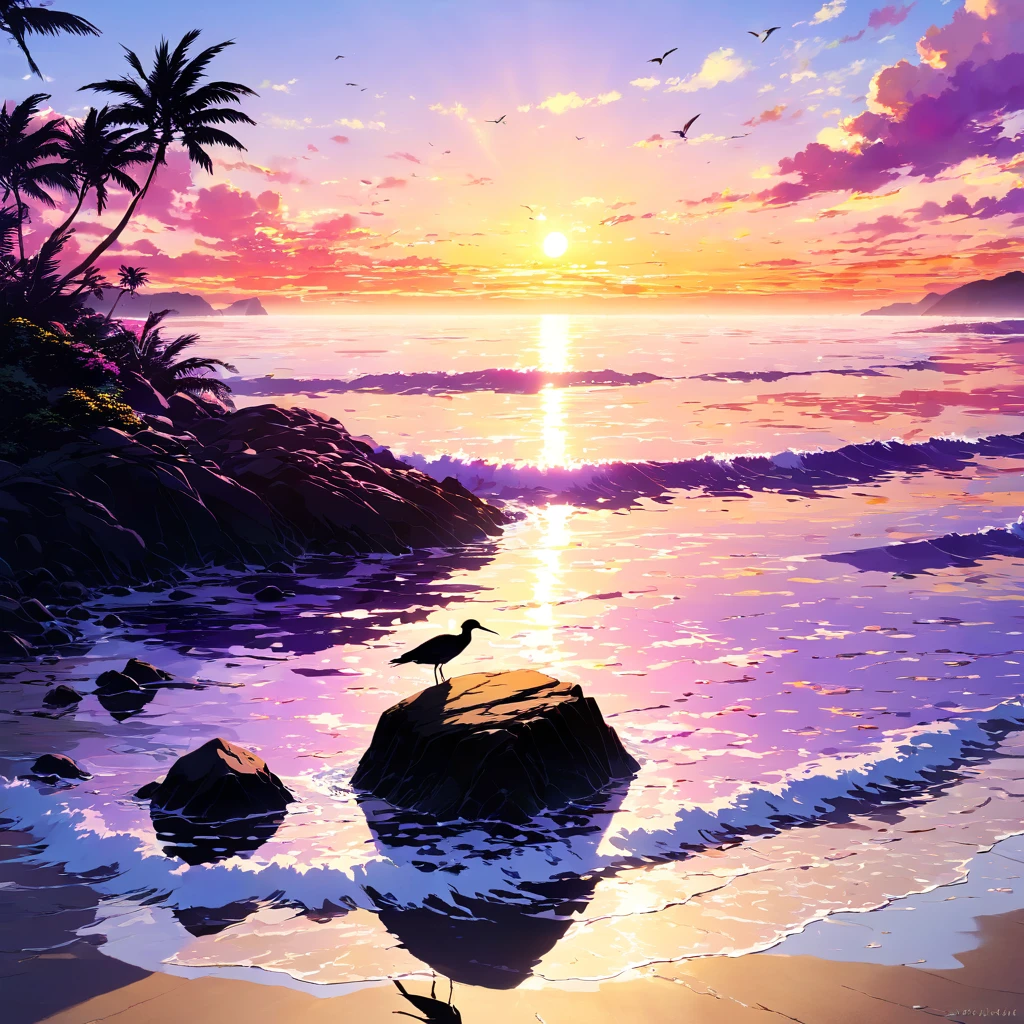 unmanned島, Ocean, Sunset, sunset, orange, red, yellow, purple, pink, Gradation, null, cloud, water surface, reflection, Wave, Beach, Sandy Beach, Palm tree, silhouette, Shadow, rock, 奇rock, bird, Oceanbird, nullを飛ぶ, Silence, Tranquility, Waveの音, The sound of the wind, nature, Spectacular views, Magnificent, beautiful, Healing, adventure, expedition, dream, Romance, Secret Realm, Paradise, unmanned, Lonely, time, horizontal line, sun, Light, Shadow絵, contrast, dramatic, survival, unmanned島生活,beautiful Anime Scenery, Landscape painting, beautifulデジタル絵画, Andreas Rocha, beautifulアートワークのイラスト, Awesome Wallpapers, Raymond Han, 背の高いbeautiful絵画, スタジオグリブリー 新Ocean誠, beautiful壁紙, Anime Scenery
