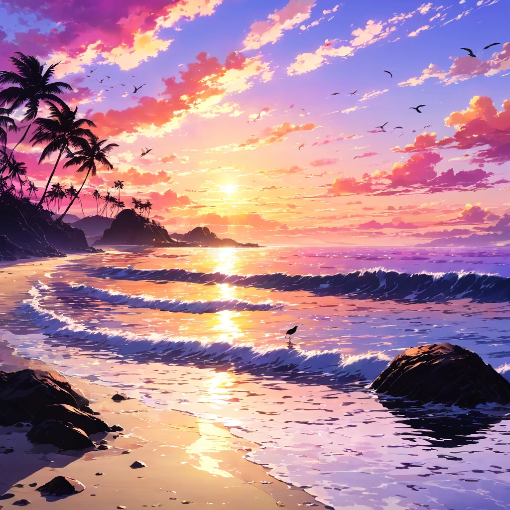 unmanned島, Ocean, Sunset, sunset, orange, red, yellow, purple, pink, Gradation, null, cloud, water surface, reflection, Wave, Beach, Sandy Beach, Palm tree, silhouette, Shadow, rock, 奇rock, bird, Oceanbird, nullを飛ぶ, Silence, Tranquility, Waveの音, The sound of the wind, nature, Spectacular views, Magnificent, beautiful, Healing, adventure, expedition, dream, Romance, Secret Realm, Paradise, unmanned, Lonely, time, horizontal line, sun, Light, Shadow絵, contrast, dramatic, survival, unmanned島生活,beautiful Anime Scenery, Landscape painting, beautifulデジタル絵画, Andreas Rocha, beautifulアートワークのイラスト, Awesome Wallpapers, Raymond Han, 背の高いbeautiful絵画, スタジオグリブリー 新Ocean誠, beautiful壁紙, Anime Scenery