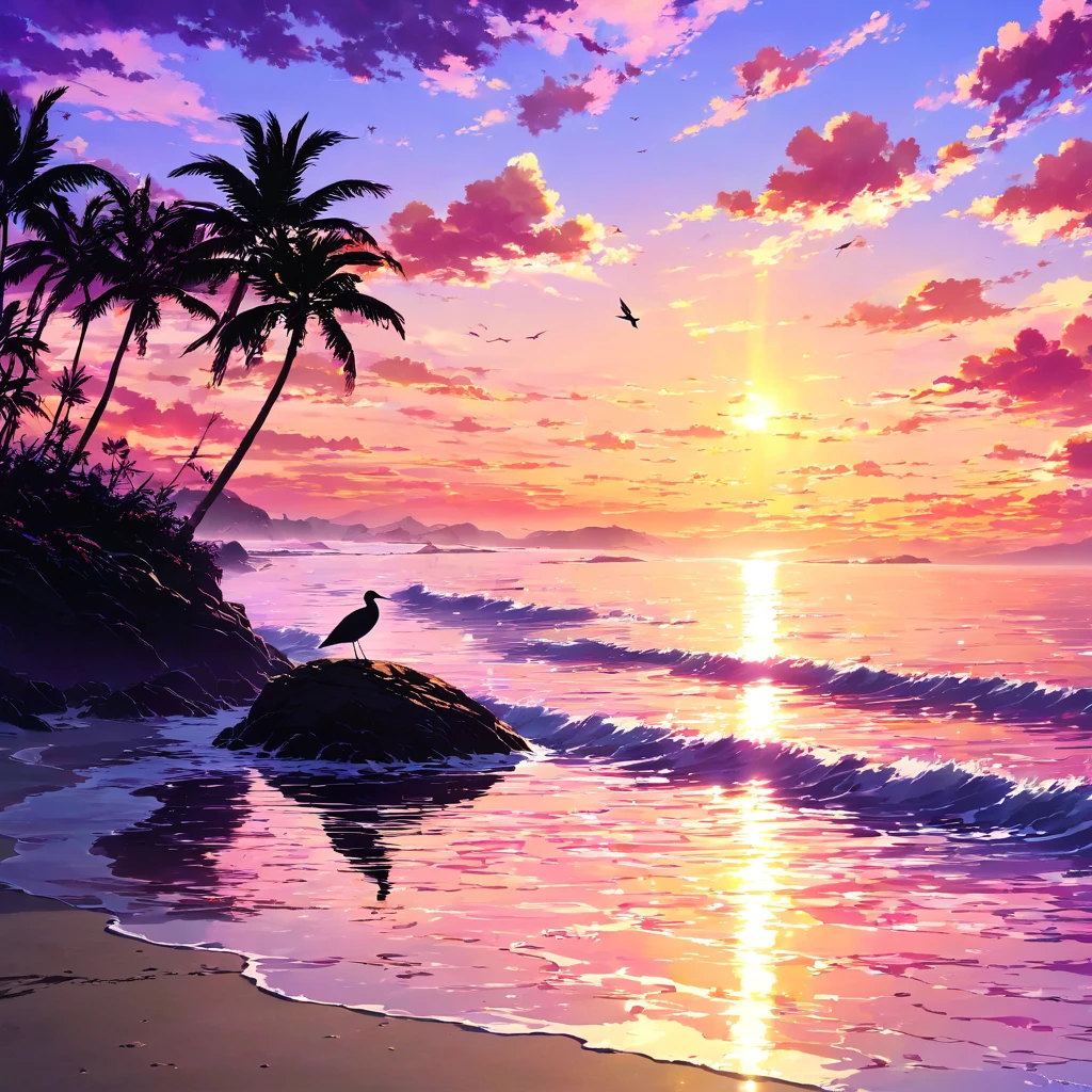 unmanned島, Ocean, Sunset, sunset, orange, red, yellow, purple, pink, Gradation, null, cloud, water surface, reflection, Wave, Beach, Sandy Beach, Palm tree, silhouette, Shadow, rock, 奇rock, bird, Oceanbird, nullを飛ぶ, Silence, Tranquility, Waveの音, The sound of the wind, nature, Spectacular views, Magnificent, beautiful, Healing, adventure, expedition, dream, Romance, Secret Realm, Paradise, unmanned, Lonely, time, horizontal line, sun, Light, Shadow絵, contrast, dramatic, survival, unmanned島生活,beautiful Anime Scenery, Landscape painting, beautifulデジタル絵画, Andreas Rocha, beautifulアートワークのイラスト, Awesome Wallpapers, Raymond Han, 背の高いbeautiful絵画, スタジオグリブリー 新Ocean誠, beautiful壁紙, Anime Scenery