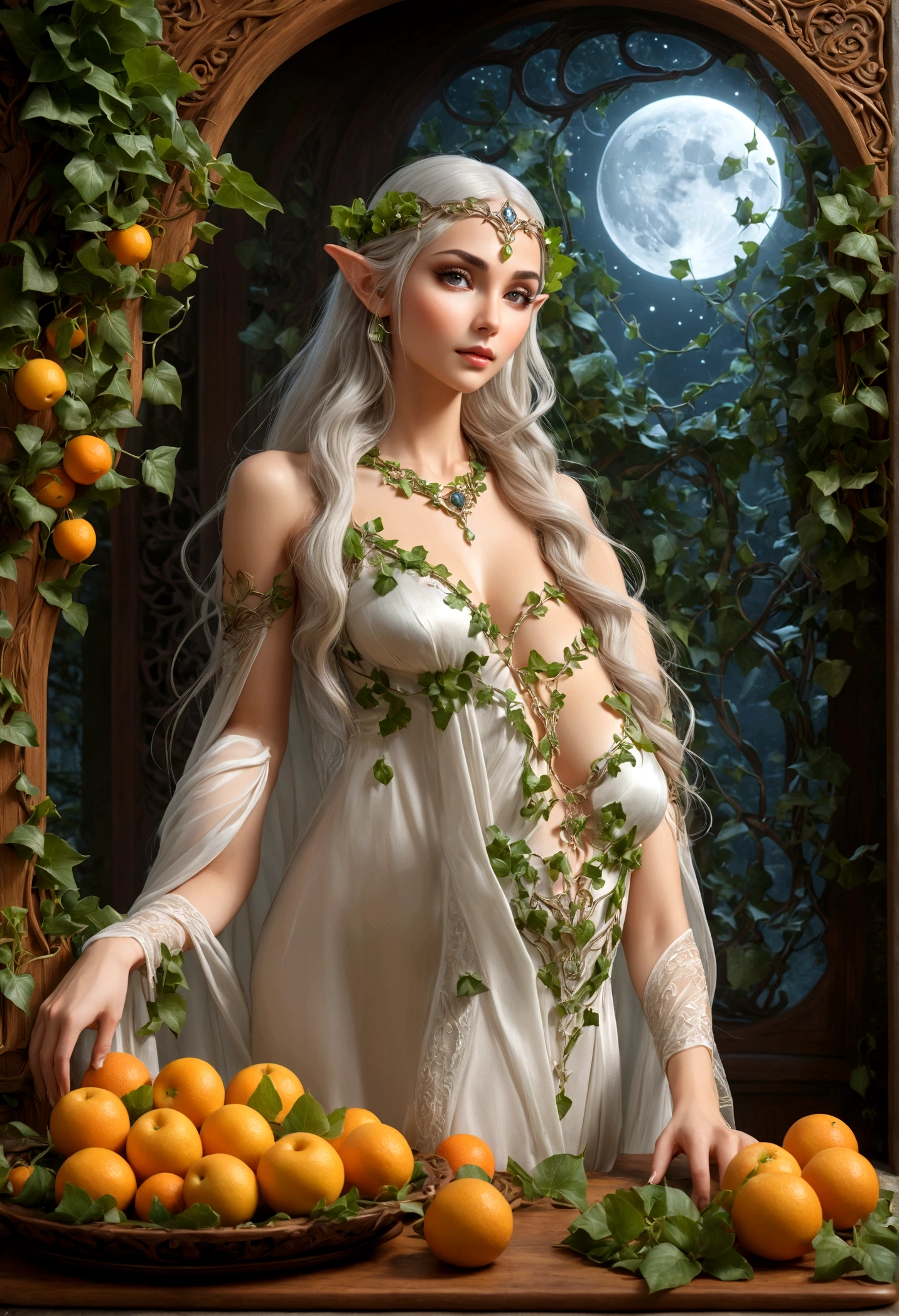 High fantasy elven kitchen, ivy and flower trim work, a single small fruit on a carving tray, an lovely elven woman in a sexy translucent moon silk dress