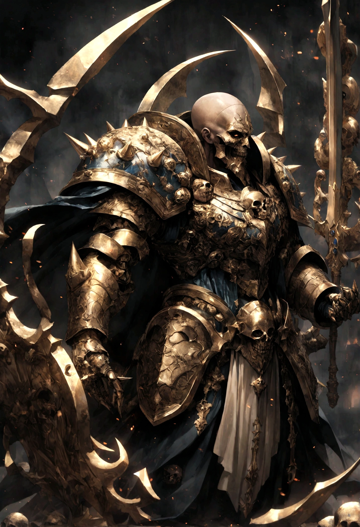 Create a highly detailed and intricate digital work of Abaddon the Destroyer from Warhammer 40k. Abaddon stands menacingly in his black and gold Chaos Terminator armor, decorated with numerous spikes, skulls, and chaos symbols. He is helmetless, bald, and his face is scarred. In one hand he holds the Claw of Horus, a massive clawed gauntlet, and in the other he holds the sword of the demon Drak'nien, which sparkles with a gradient of blue and green shades. Above him, skulls of his fallen enemies hang on an ornate trophy rack. The background is dark and ominous, enhancing the sinister aura that surrounds him.