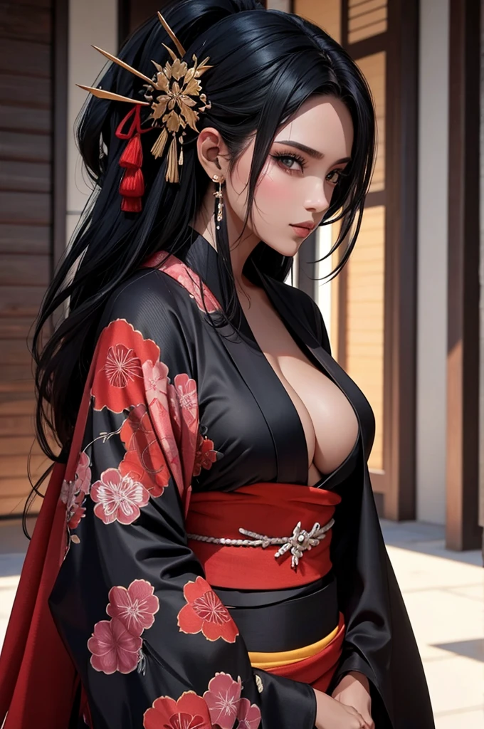 Mulher.cabelo preto.olhos castanhos.kimono preto.2 espadas