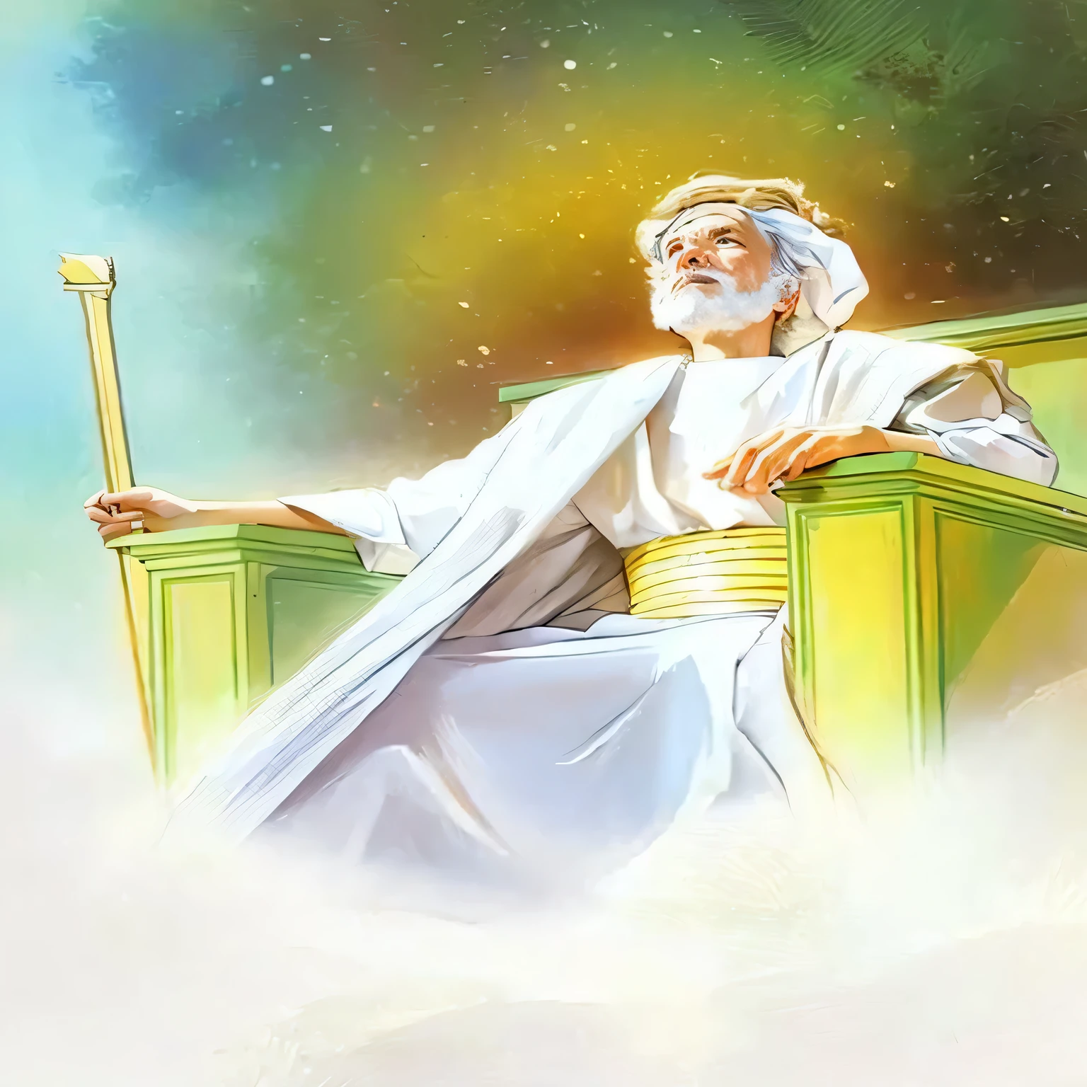 une peinture d&#39;a man sitting on a throne with a stick, seated on his throne, seated on his throne, art conceptuel de Dieu, Moïse, Resting on his throne, Rois anciens en robes blanches, the dieu empereur of mankind, dieu du temps et de l&#39;espace, temps paternel, illustration biblique, dieu empereur, Sitting on a throne, le dieu Zeus