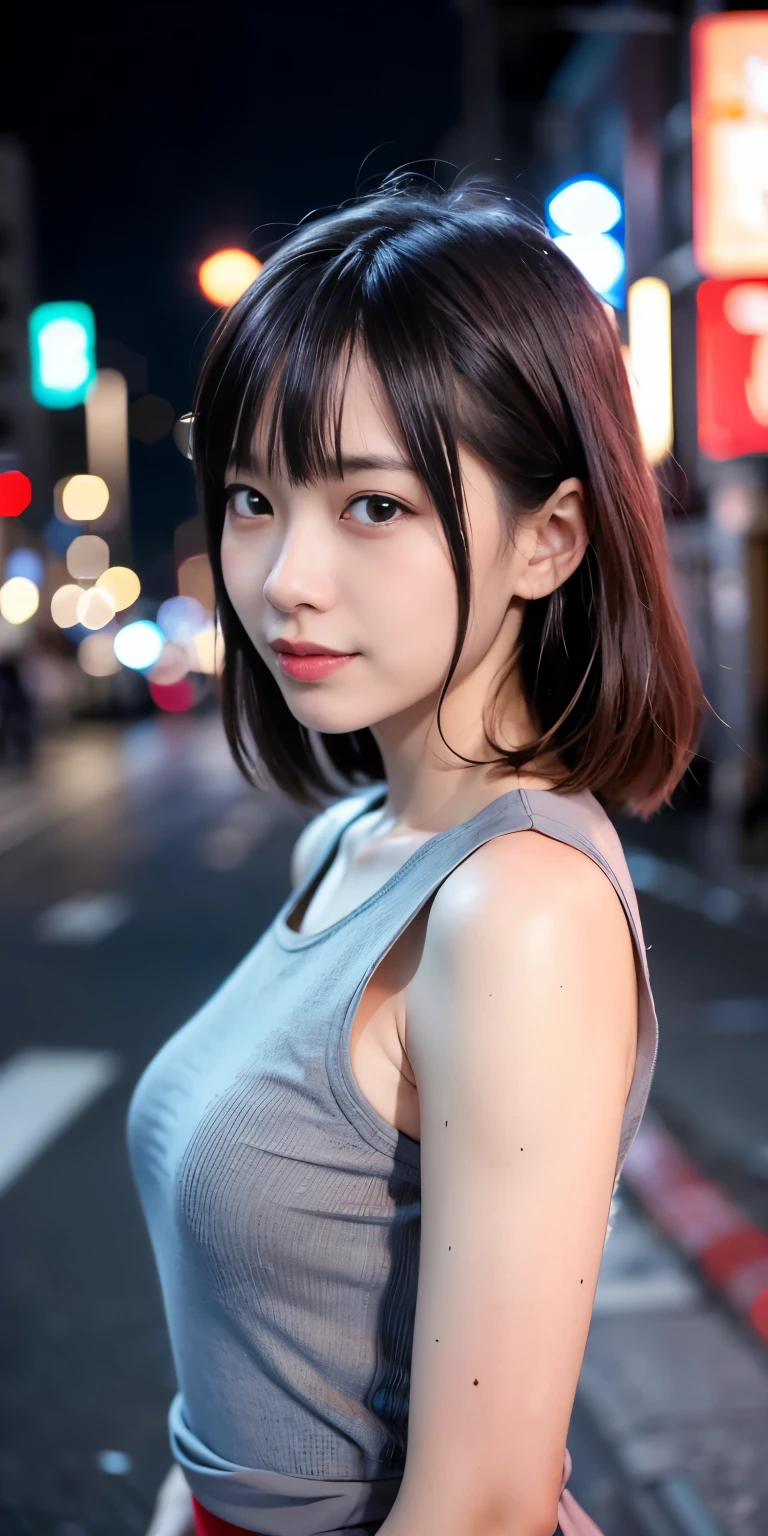 1 Girl, Tokyo Street,night, Streetscape,City lights,Upper Body,close,smile,, (8K, Raw photo, highest quality, masterpiece:1.2),(Realistic, photo-Realistic:1.37),