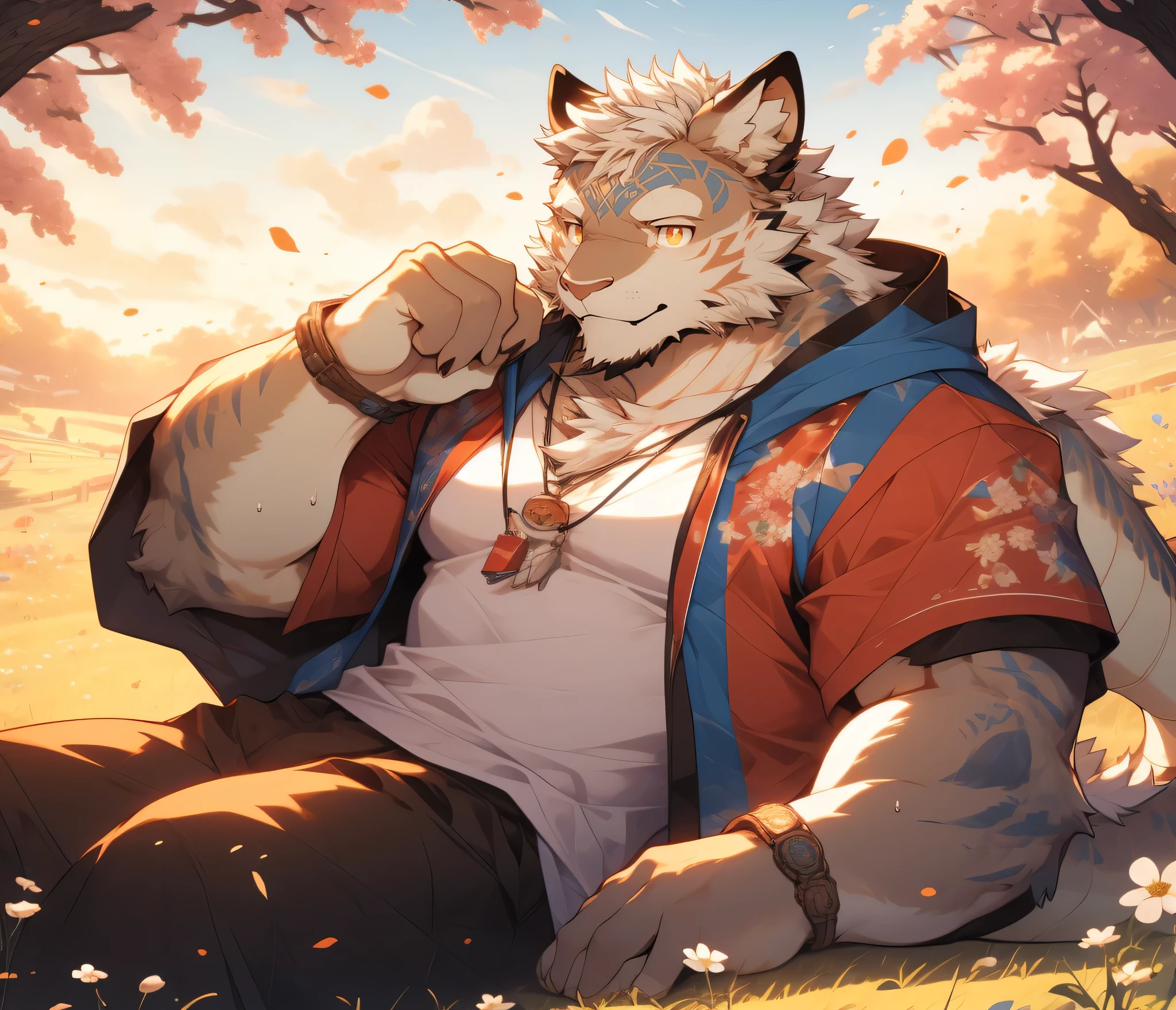 masterpiece,night,Anthropomorphic Samoyed,one person,,male,26 years old,,Strong dragon horns and slender dragon whiskers(((Strong body))),(((nude,Red and white sportswear,coat,blue sports cap))),full-body shot,Under the willow tree,(((holding a soda))),(((ready to drink)))Night,Sunset,sweat,(((white hair))),Serious,Emotional Focus,Look at the audience,kind,Smile,Meditation,Golden pupils,big eyes,Strong,Lying on the bed,Full body image,The light of sunset in the sky,Green Plants,grassland,Willow branches,Flowers and grasses,(((background:Suburban Willow Tree 1.5))),(((Detailed character description))),