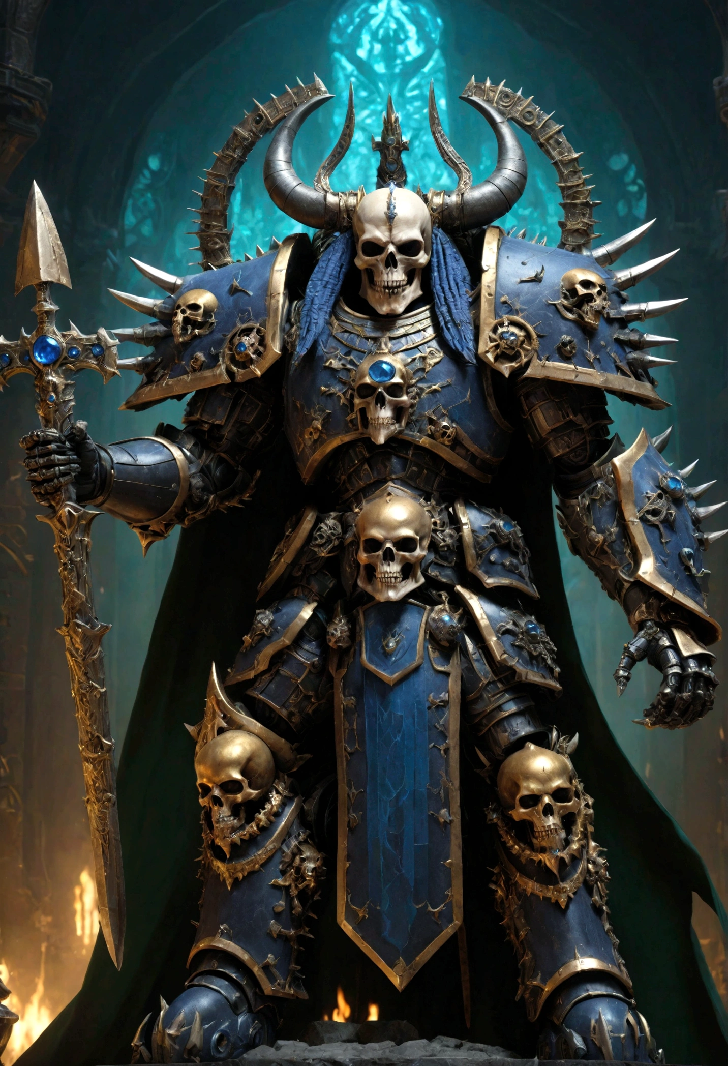 Create a highly detailed and intricate digital work of Abaddon the Destroyer from Warhammer 40k. Abaddon stands menacingly in his black and gold Chaos Terminator armor, decorated with numerous spikes, skulls, and chaos symbols. He is helmetless, bald, and his face is scarred. In one hand he holds the Claw of Horus, a massive clawed gauntlet, and in the other he holds the sword of the demon Drak'nien, which sparkles with a gradient of blue and green shades. Above him, skulls of his fallen enemies hang on an ornate trophy rack. The background is dark and ominous, enhancing the sinister aura that surrounds him. 