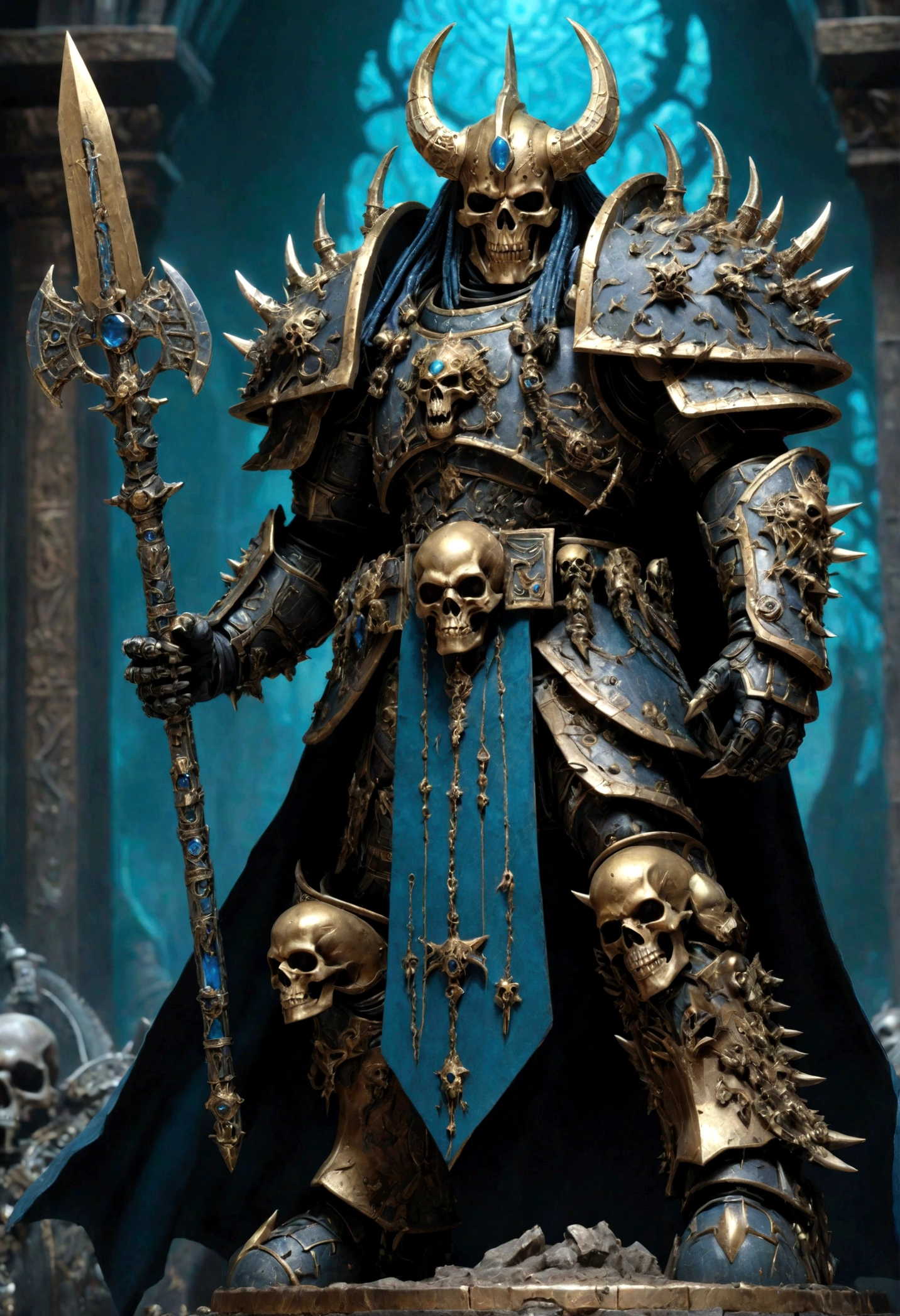 Create a highly detailed and intricate digital work of Abaddon the Destroyer from Warhammer 40k. Abaddon stands menacingly in his black and gold Chaos Terminator armor, decorated with numerous spikes, skulls, and chaos symbols. He is helmetless, bald, and his face is scarred. In one hand he holds the Claw of Horus, a massive clawed gauntlet, and in the other he holds the sword of the demon Drak'nien, which sparkles with a gradient of blue and green shades. Above him, skulls of his fallen enemies hang on an ornate trophy rack. The background is dark and ominous, enhancing the sinister aura that surrounds him.