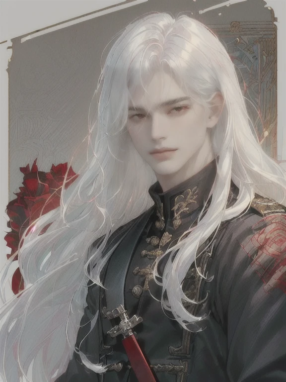 ((pale skin))(((male with sharp siren eyes)))(((very red eyes)))((((very white white hair glowing))))(((blunt blunt bangs))) ((long very very wavy hair)) ((wide shoulders man))((very wavy hair))((office))((manly yet soft face))((handsome face))(((red red eyes)))((rectangle face shape))((SHARP JAW LINE)) ((THIN EYEBROWS))((ROSES)) ((SOFT FEATURES WITH DEFINED SHARP JAWLINE))((GLOWING ETHEREAL)) ((RED RED detailed SIREN EYES MALE SEXY EYES)))((elegant))((soft look))((close up one male only))((wavy hair)) ((square face))((wide face))((blunt bangs))((french))(((blunt bangs)))((french bg))((FIX EYES))