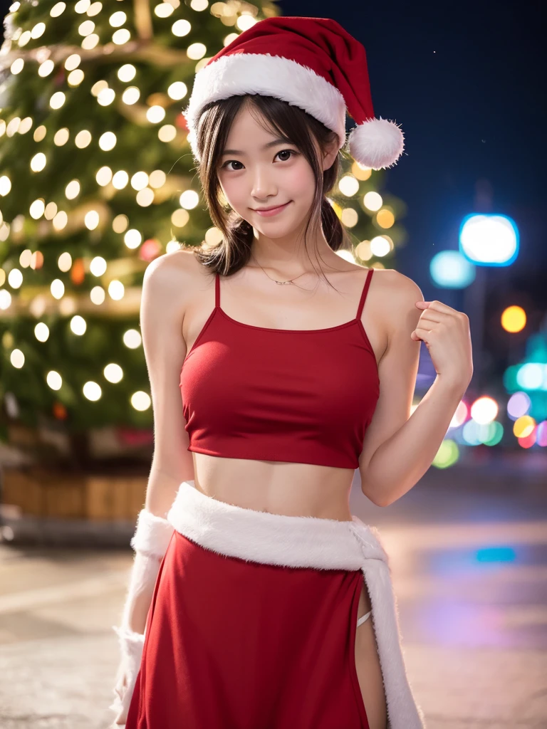 (best quality:1.2), masterpiece, 1 Japanese girl, (-yeld, ua cute kawaii:1.3), ((upper body)), solo, smile, standing, looking at viewer, (nup, red Santa-claus costume:1.2), ((focus on her armpits)), (((Sweaty armpits))), Armpit depression, ((((Dimpled Armpits)))), ((((Deeply wrinkled armpits)))) , Big Christmas tree on background, The background is the downtown area at night bustling with Christmas, Christmas Light Ball Bokeh