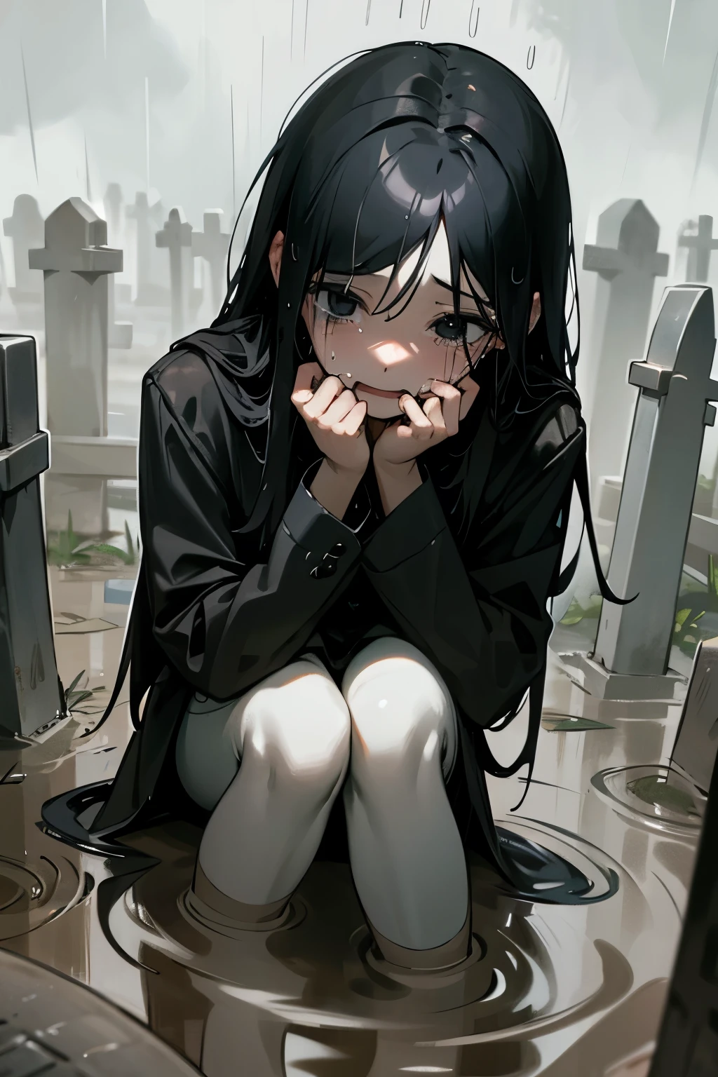 A slender girl with black eyes and black hair cries in the middle of the rain, tears flowing down her face, screaming in the middle of the mud, sitting and crying with her mouth open in the cemetery, at the end of the knight soldier, black theme, pain, sadness, screaming.