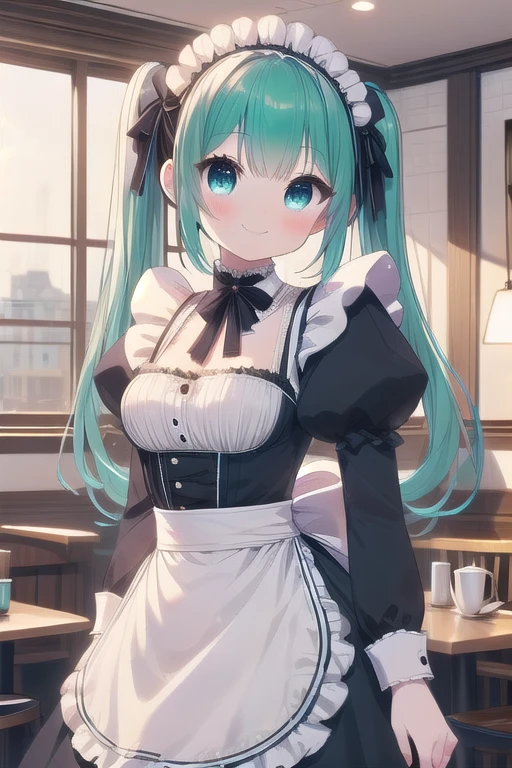 Solo Girl, 15-year-old,, Twintail Hair, aqua hair,, Mid-chest, highest quality, High resolution, Very detailed, Detailed Background, Perfect lighting、（maid1.0）、Extreme maid outfit、very cute,large breasts,cute eyes,puffy eyes,in the cafe room,smile,