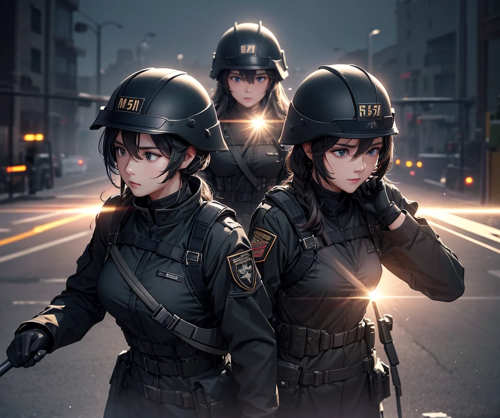 Three female soldiers wearing black helmets、Wearing black M-15 military uniform、front、Parallel Station、Write details、masterpiece、best quality、Highly detailed CG、8K picture quality、theater lighting、lens flare
