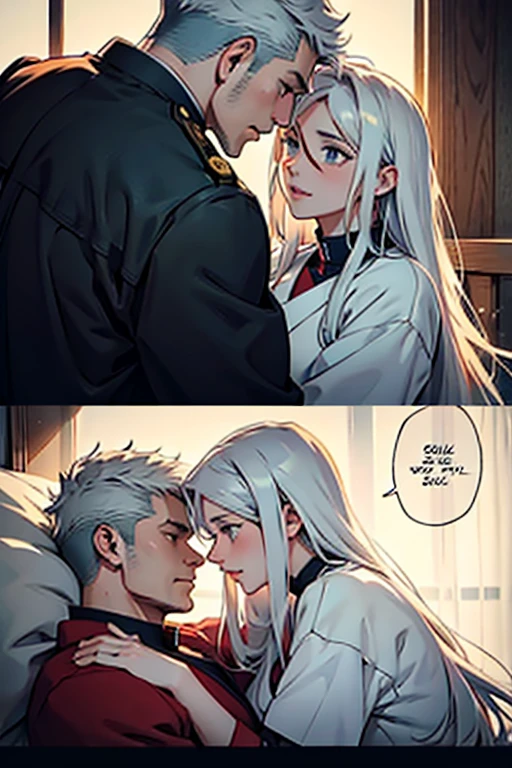 Girl with long white hair holding a wounded man , manga page with panels and dialogue