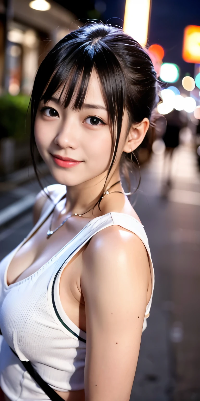 1 Girl, Tokyo Street,night, Streetscape,City lights,Upper Body,close,smile,, (8K, Raw photo, highest quality, masterpiece:1.2),(Realistic, photo-Realistic:1.37),