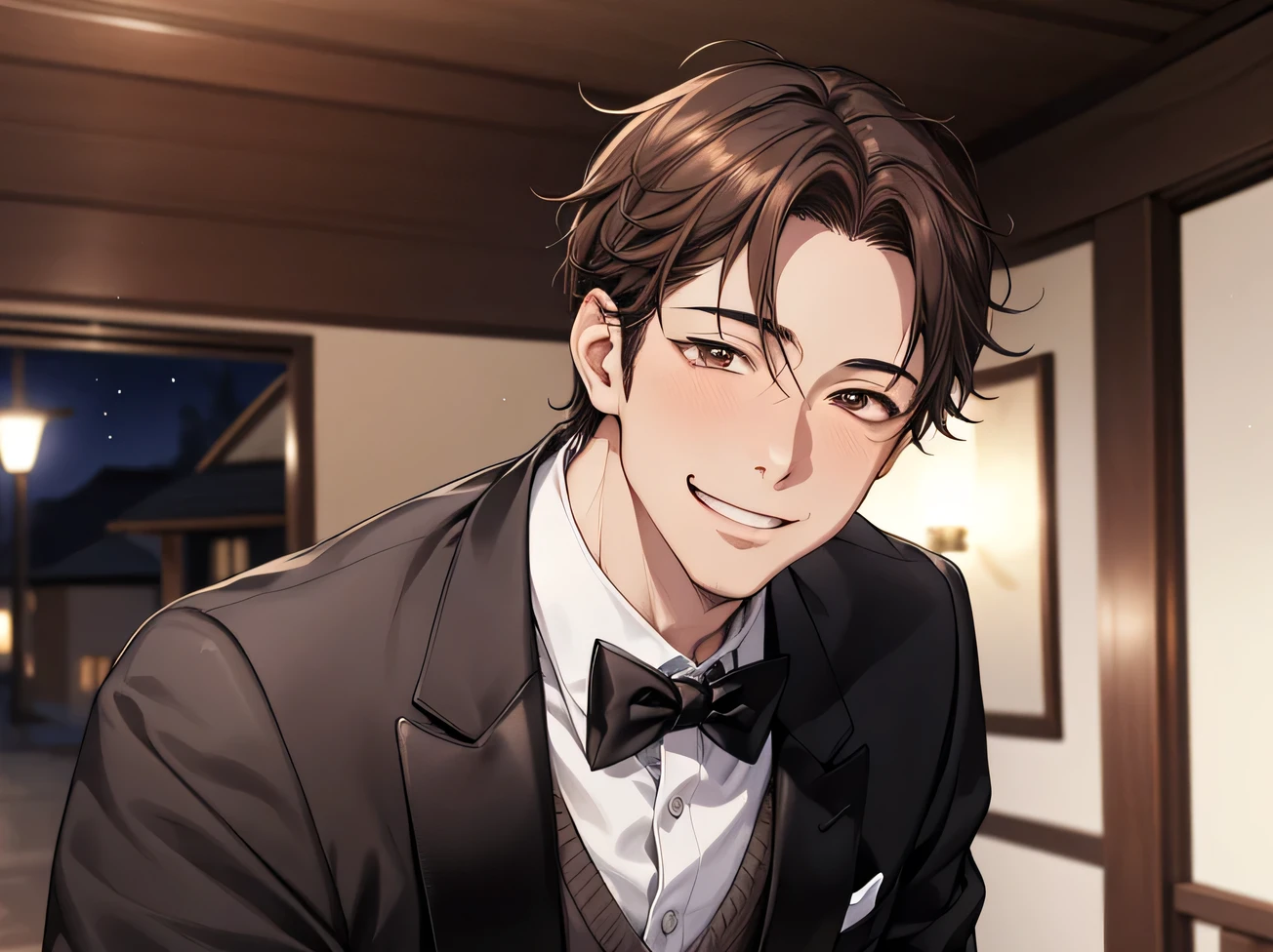 masterpiece,Face close-up,Angle from below,male, 40 years old,(male1 person)、alone,Adult,Sharp Eye,Brown Hair,all back,Kakiage,A nice black tuxedo,sweating,,smile,An inappropriate smile,Background Spotlight,Background House,night