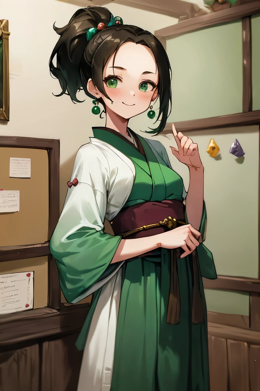 (masterpiece, best quality, great:1.2), CG, illustration, cute face, kawaii,1girl, solo, shiny hair, shiny skin, (malachite green very short hair, forehead, side ponytail), laugh, (Standing Upright), natural hand poses, (face and body straight at the camera:1.3), (cowboy shot), BREAK, (small breasts, ,.slim), BREAK, (adventurer's guild guide:1.3, japanese clothing:1.2),, BREAK, (at the adventurer guild:1.3, Quest bulletin board with many requests posted:1.4), (fantasy world:1.4), 