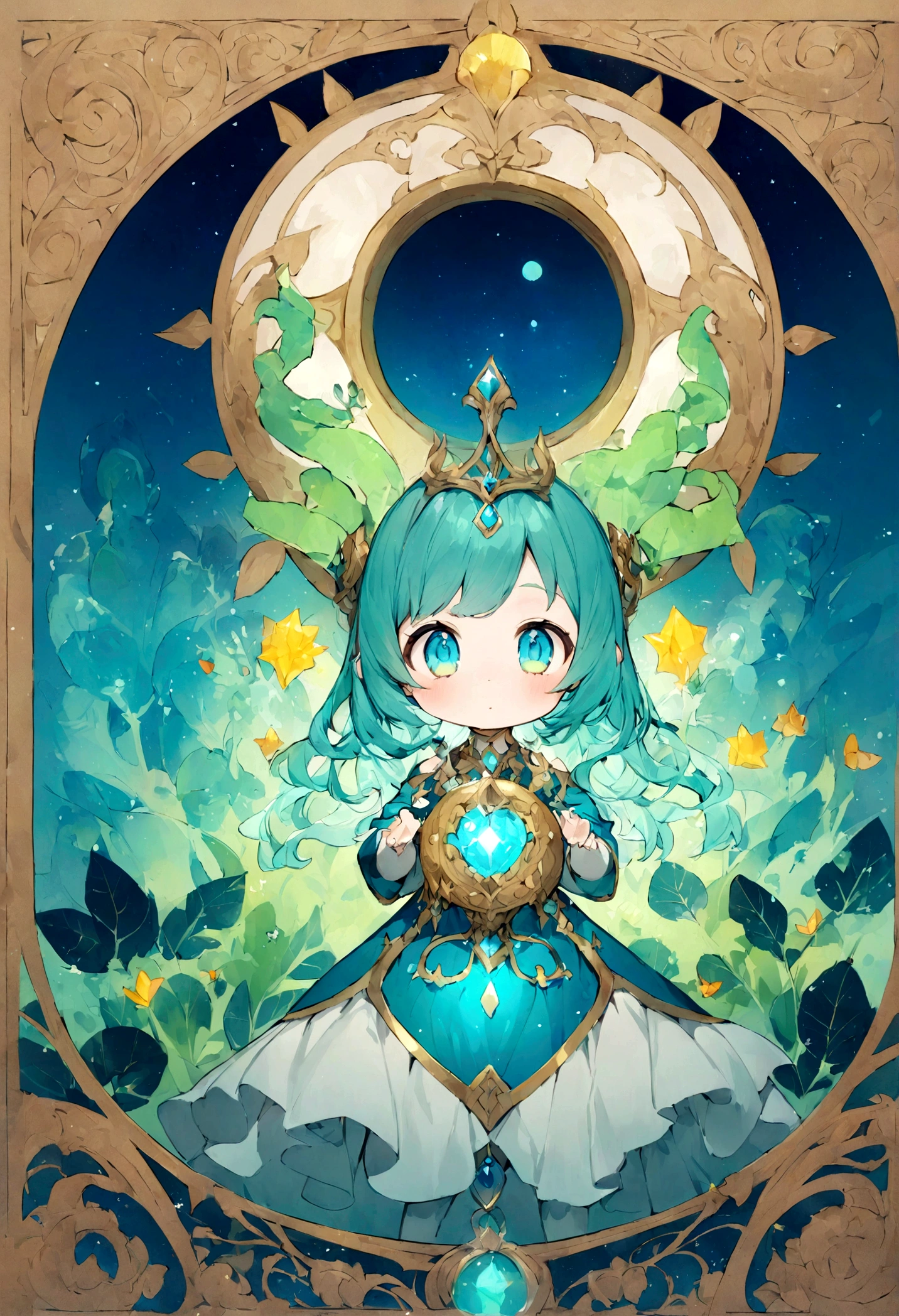 「Draw a monster character。The character's name is『Midron』The appearance of the Eidron is round and cute..、Has a green body。His eyes are big and kind、It shines like a drop of water。Put on a mask。Midron has the power to purify water and natural things.、The power manifests as a blue glow in his hand..。Midron is in harmony with nature、It is important to protect the environment。yes、please、Please draw that cute Midron。」