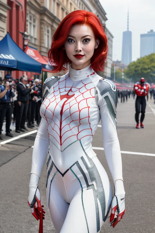 (masterpiece:1.4)、(top-quality:1.4)、
1girl in, F1's bewitching grid girl, Red-haired, looking at the viewers, solo ,realisitic,(shinny skin),(masterpiece:1.4),(top-quality:1.4),red-lips、racing venue, white bodysuit