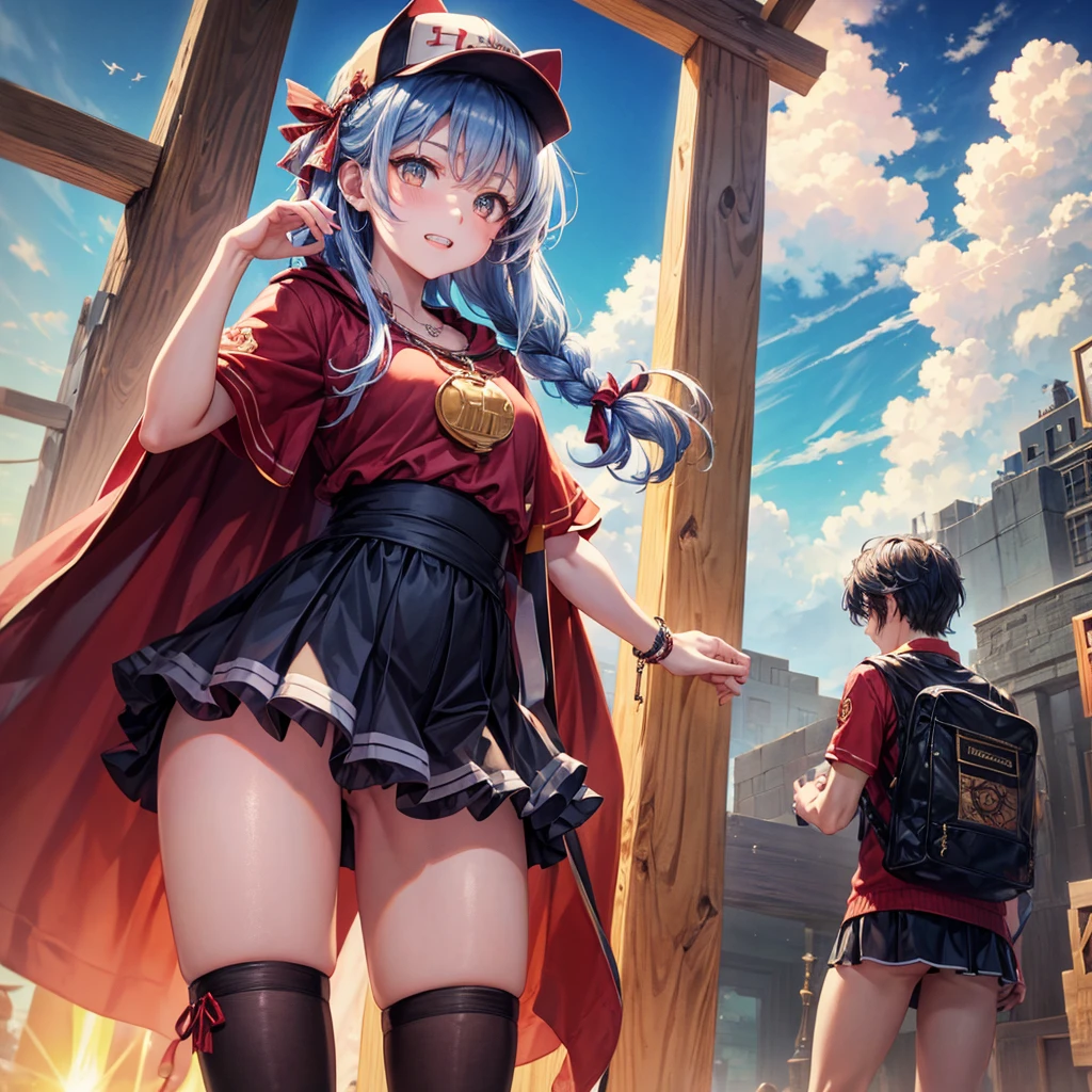 Red Blue Hair、Golden Eyes、Braid、One good looking girl、solo、anime、Checkered mini skirt、Ruffles on the skirt、Red T-shirt、Cape、Gothic、Black knee-high socks、Wearing a baseball cap、Wearing a ribbon、Ribbon on waist、Tilting face、Teeth are visible、Sunset sky、Piercing the clouds、Contrail、Cumulonimbus、Pillar of Light、Silver coin necklace、A world of light、shine、Tap from above、bell、torii、Desert Oasis、Magic square in the sky