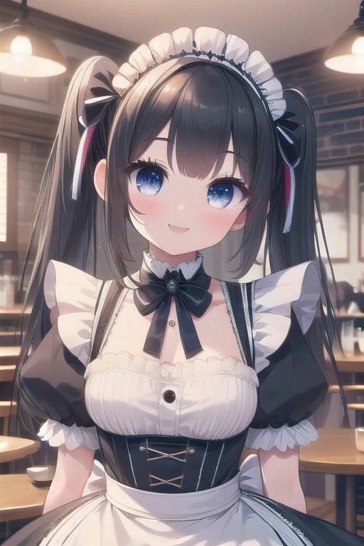 Solo Girl, 15-year-old,, Twintail Hair, Beauty hair,, Mid-chest, highest quality, High resolution, Very detailed, Detailed Background, Perfect lighting、（maid1.0）、Extreme maid outfit、very cute,large breasts,cute eyes,puffy eyes,in the cafe room,smile,